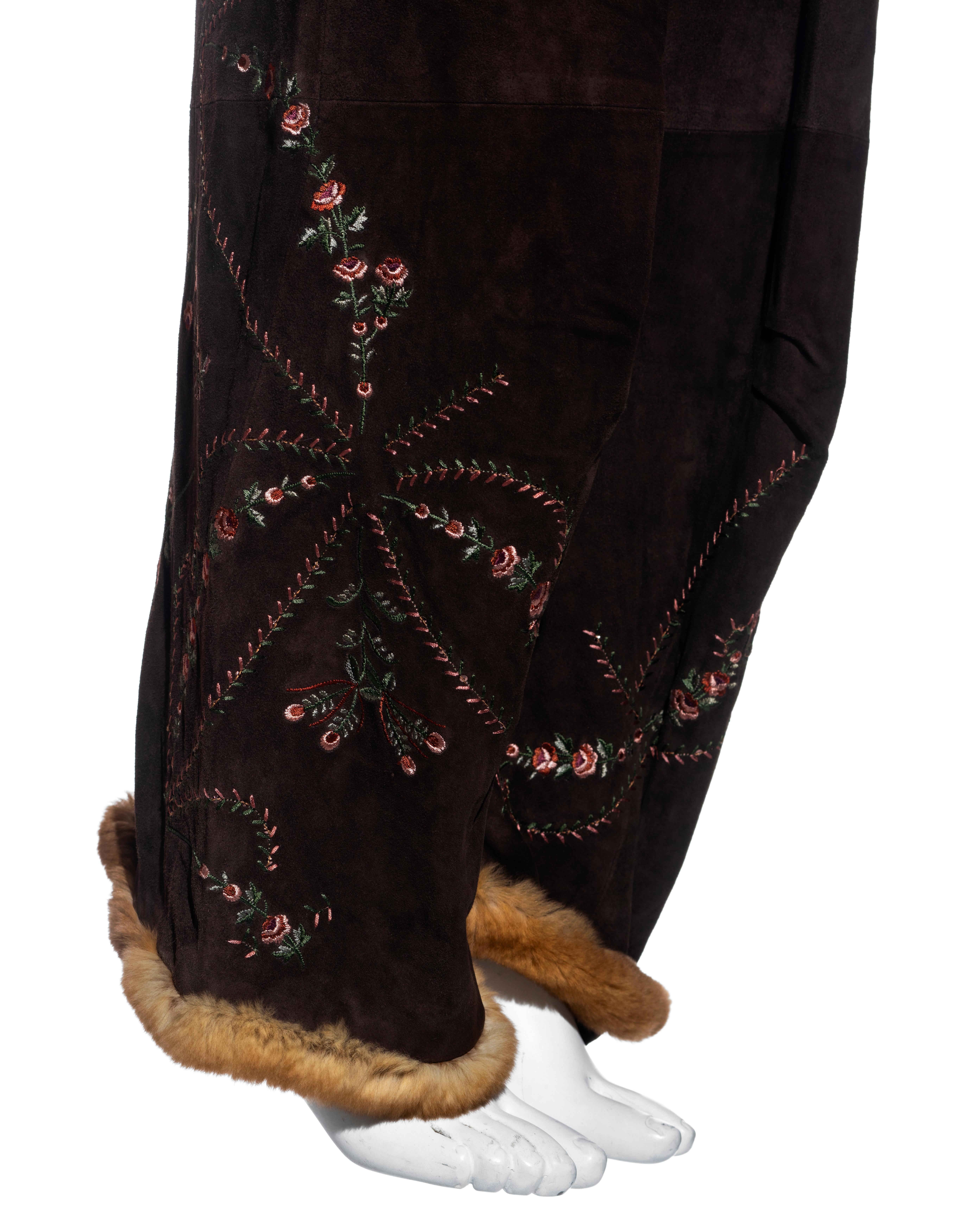 Women's John Galliano brown embroidered suede cargo pants with fur trim, fw 2003