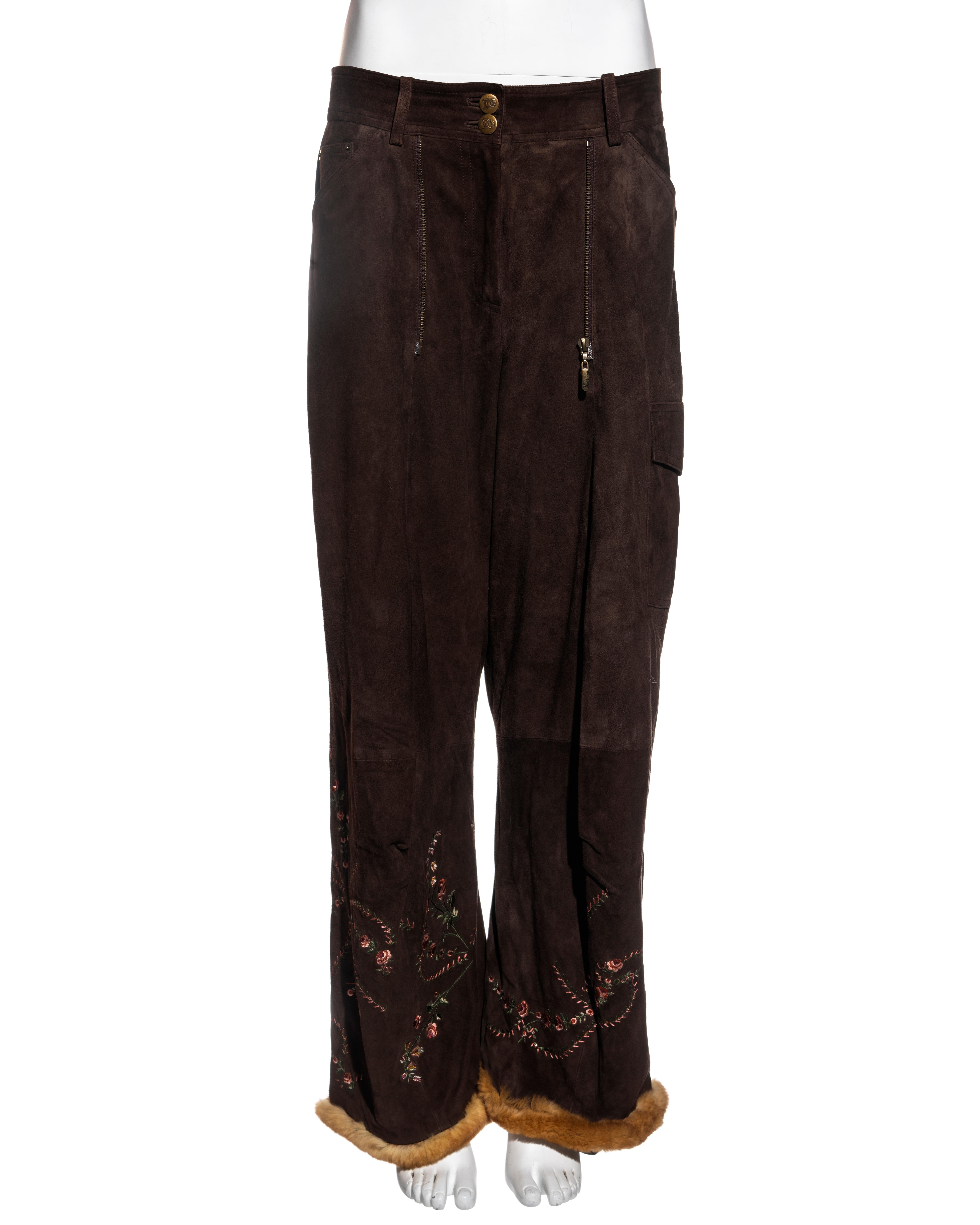 John Galliano brown embroidered suede cargo pants with fur trim, fw 2003 1