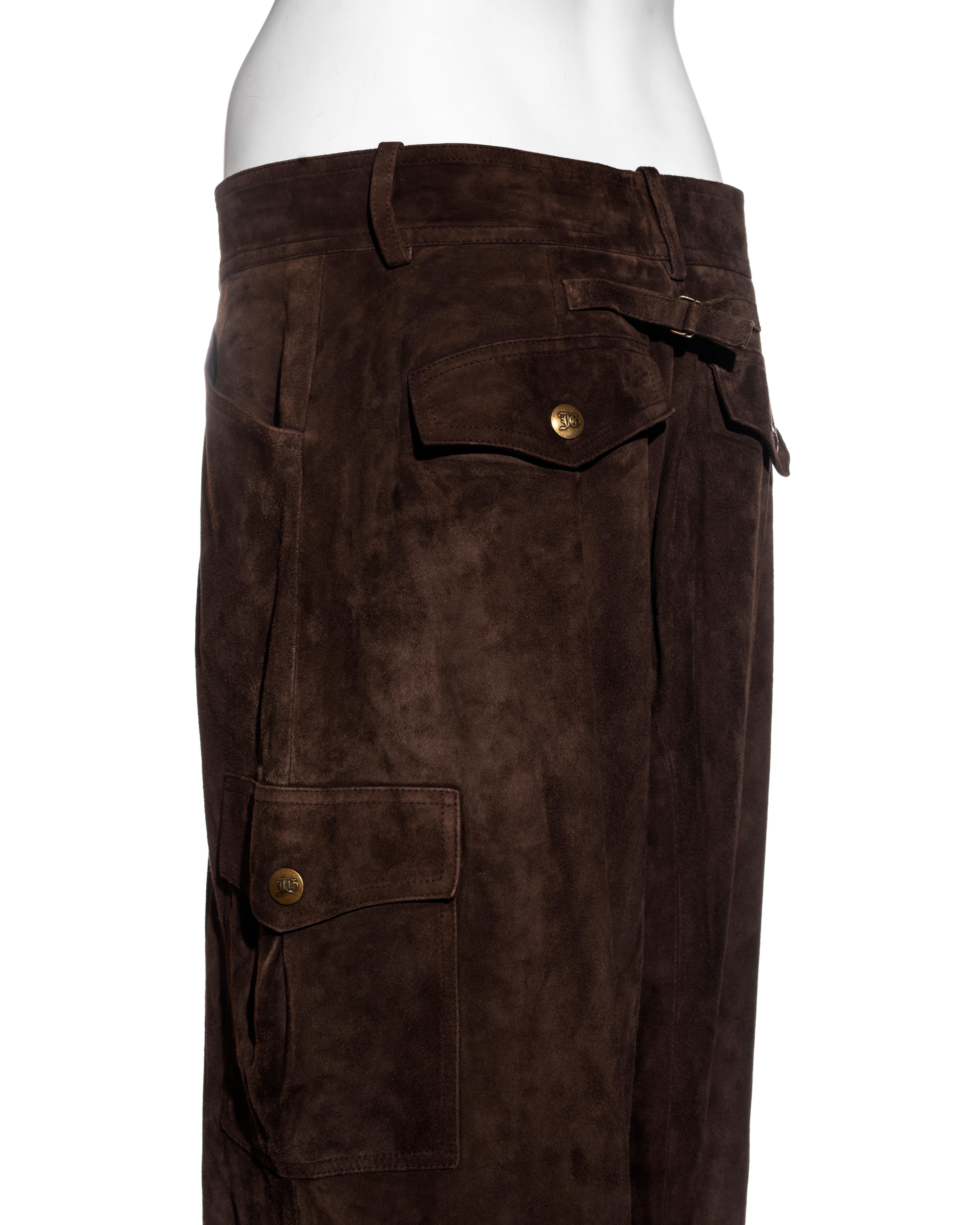 John Galliano brown embroidered suede cargo pants with fur trim, fw 2003 2