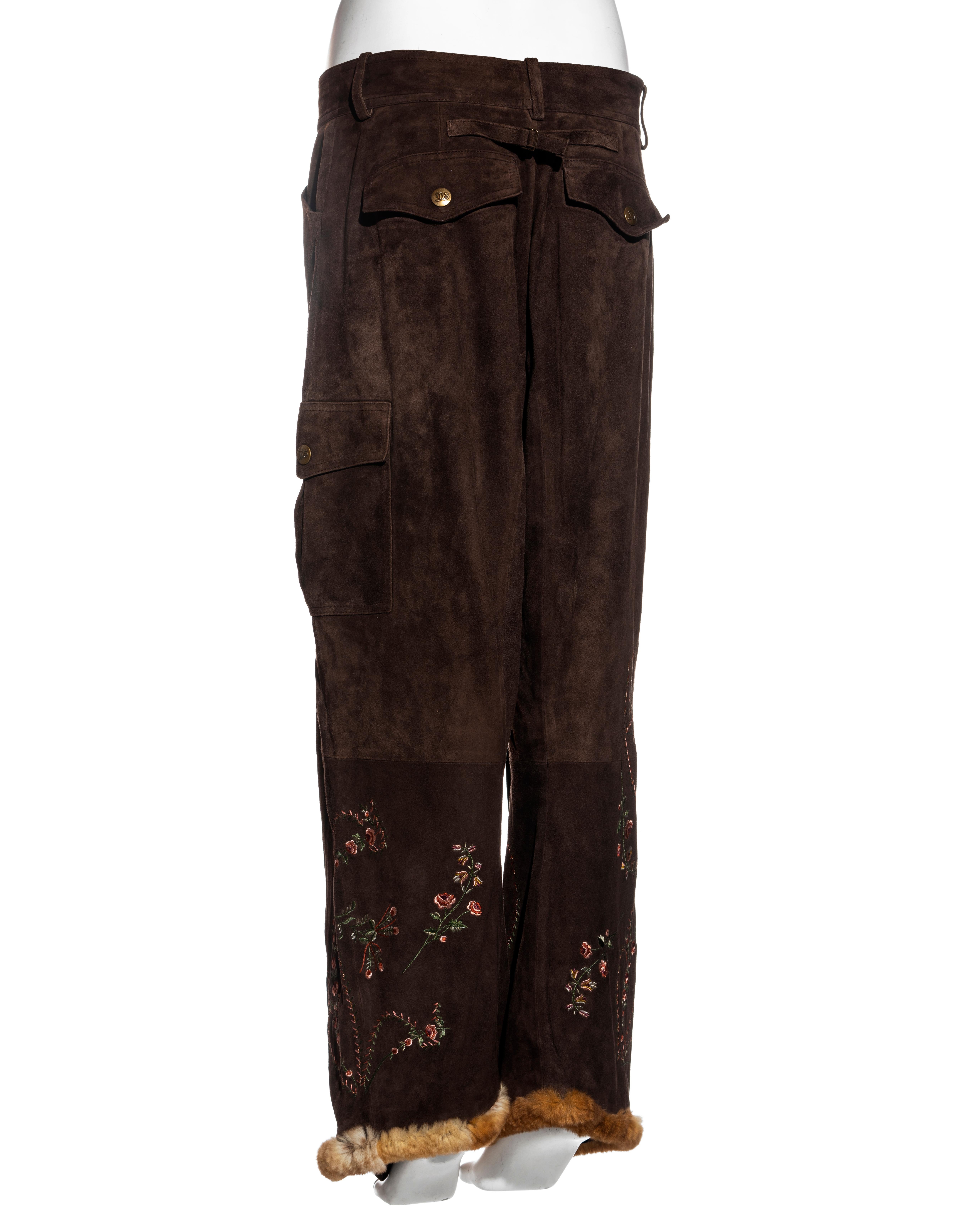 John Galliano brown embroidered suede cargo pants with fur trim, fw 2003 3