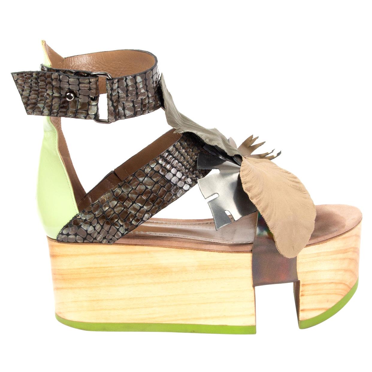JOHN GALLIANO brown leather LEAF WOODEN Platform Sandals Shoes 39 For Sale