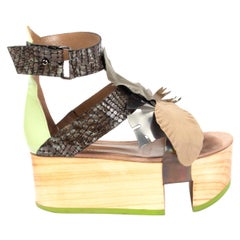 JOHN GALLIANO brown leather LEAF WOODEN Platform Sandals Shoes 39