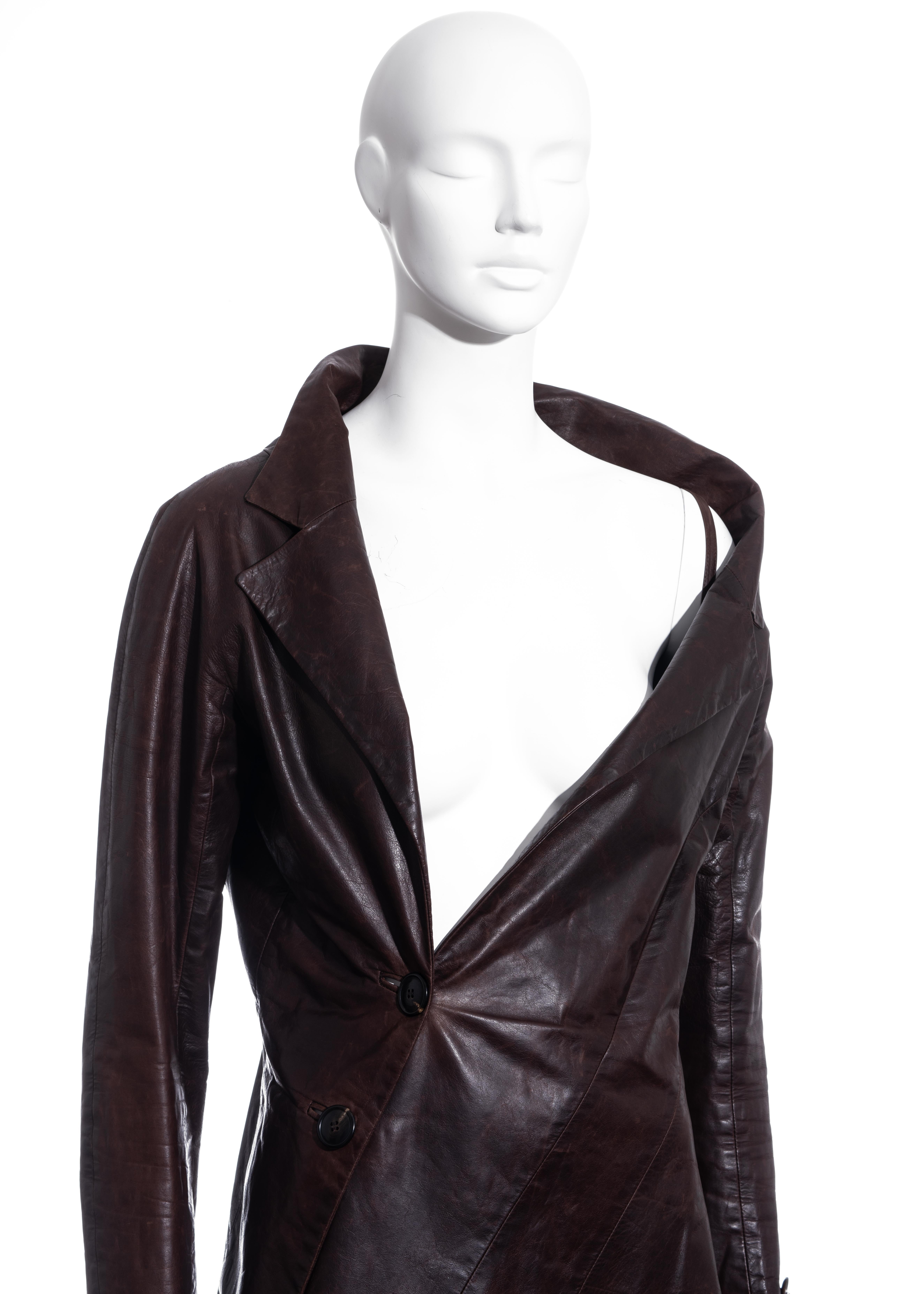 Black John Galliano brown leather twisted off-shoulder jacket, fw 2000 For Sale