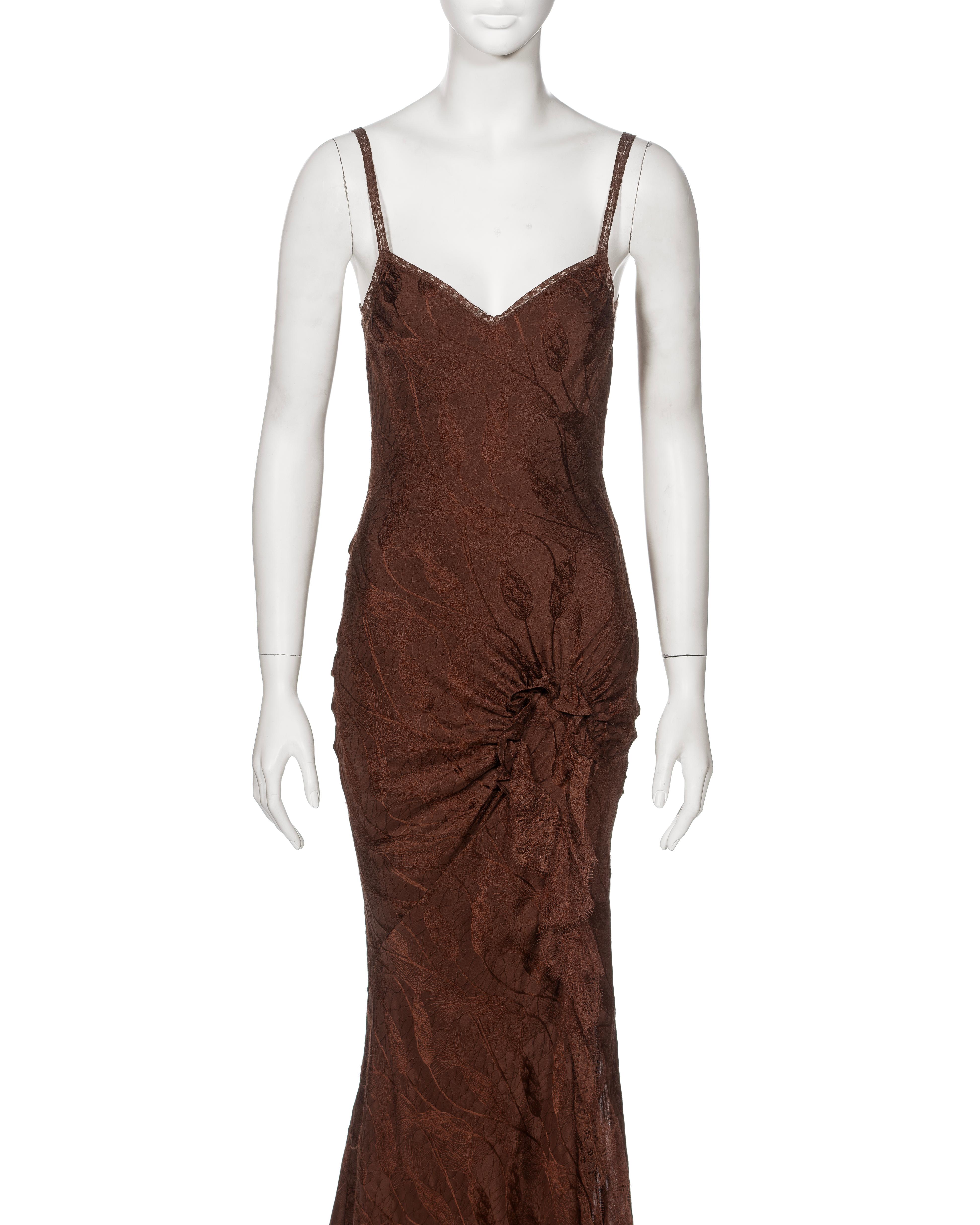 John Galliano Brown Silk Jacquard and Lace Evening Slip Dress, FW 2005 In Good Condition For Sale In London, GB