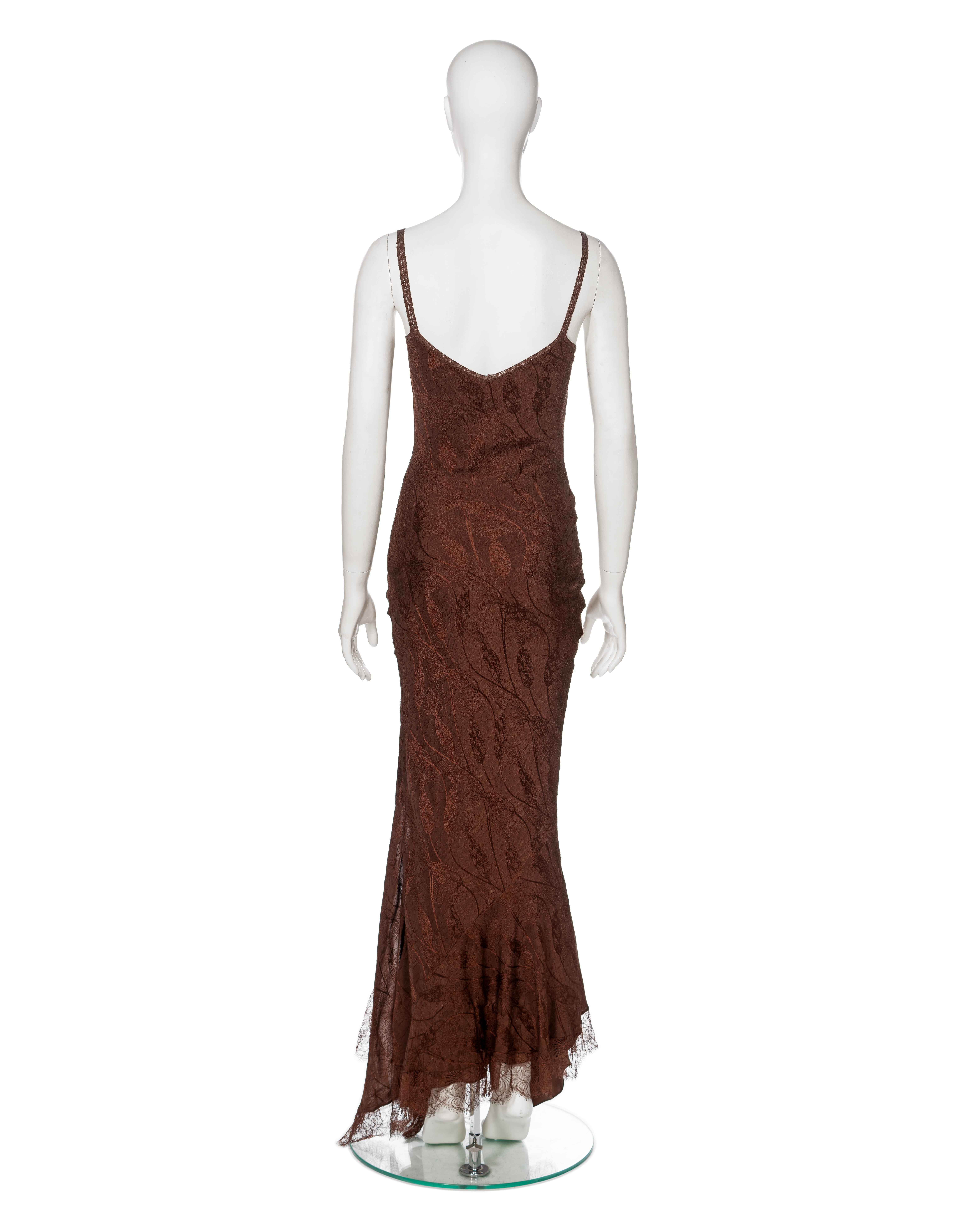 John Galliano Brown Silk Jacquard and Lace Evening Slip Dress, FW 2005 For Sale 3
