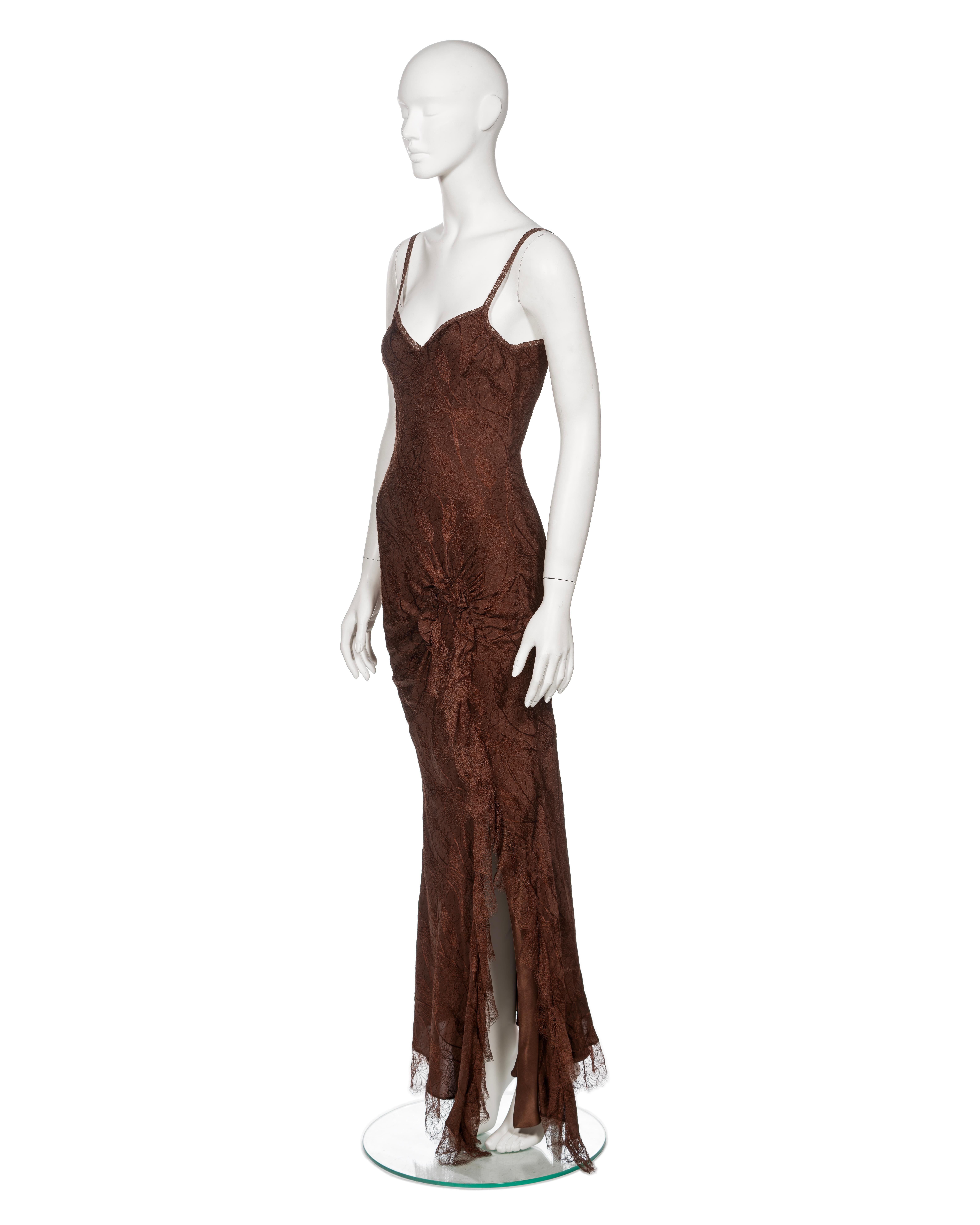 John Galliano Brown Silk Jacquard and Lace Evening Slip Dress, FW 2005 For Sale 4