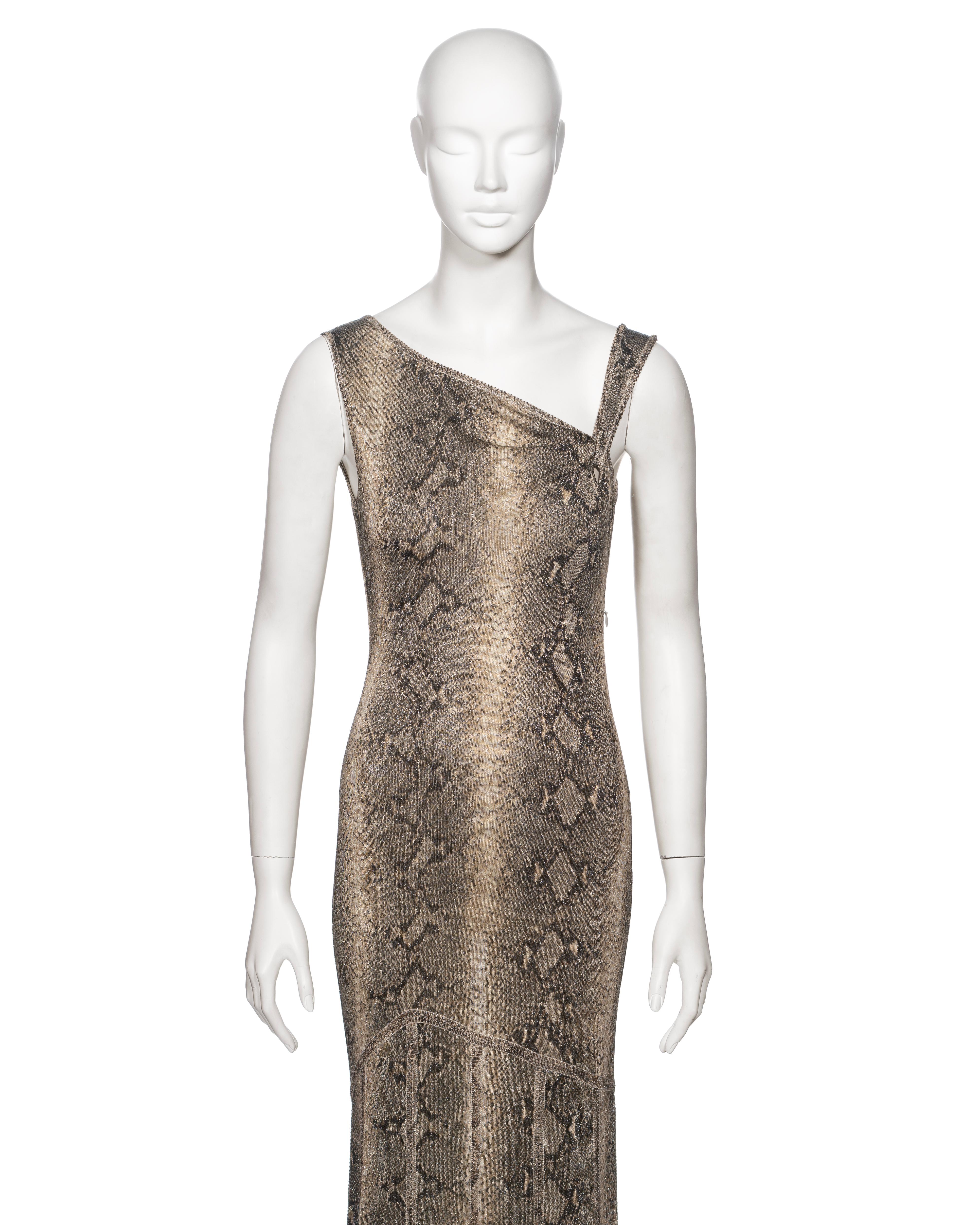 John Galliano Brown Snakeskin Print Maxi Dress with Asymmetric Neckline, SS 2000 In Excellent Condition For Sale In London, GB