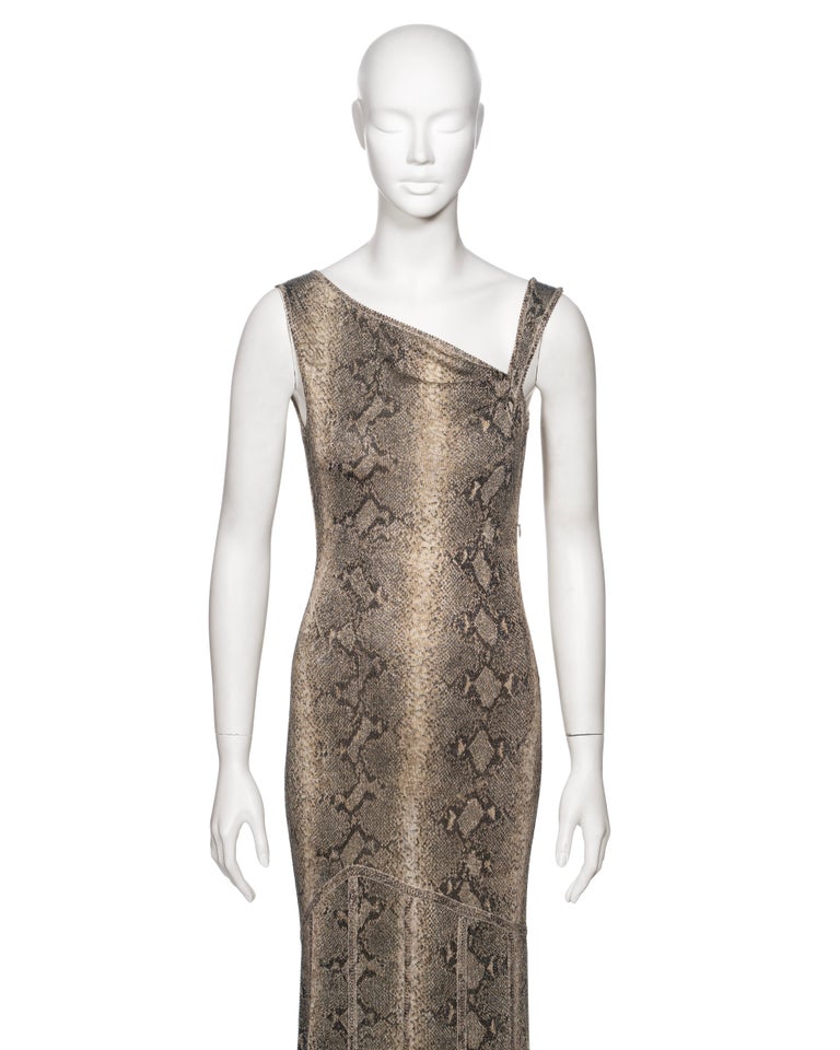 John Galliano Brown Snakeskin Print Maxi Dress With Asymmetric Neckline, Ss 2000