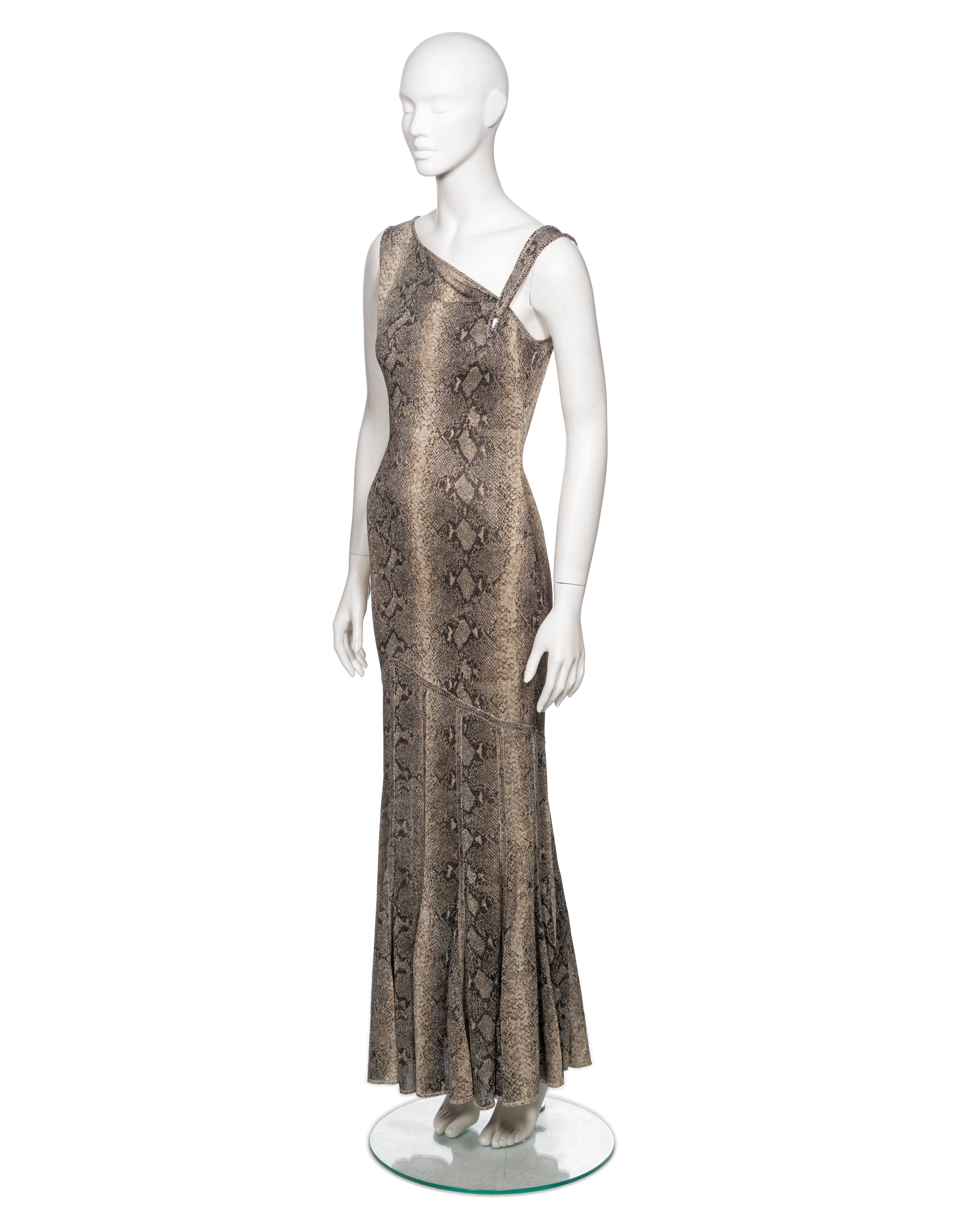 Women's John Galliano Brown Snakeskin Print Maxi Dress with Asymmetric Neckline, SS 2000 For Sale