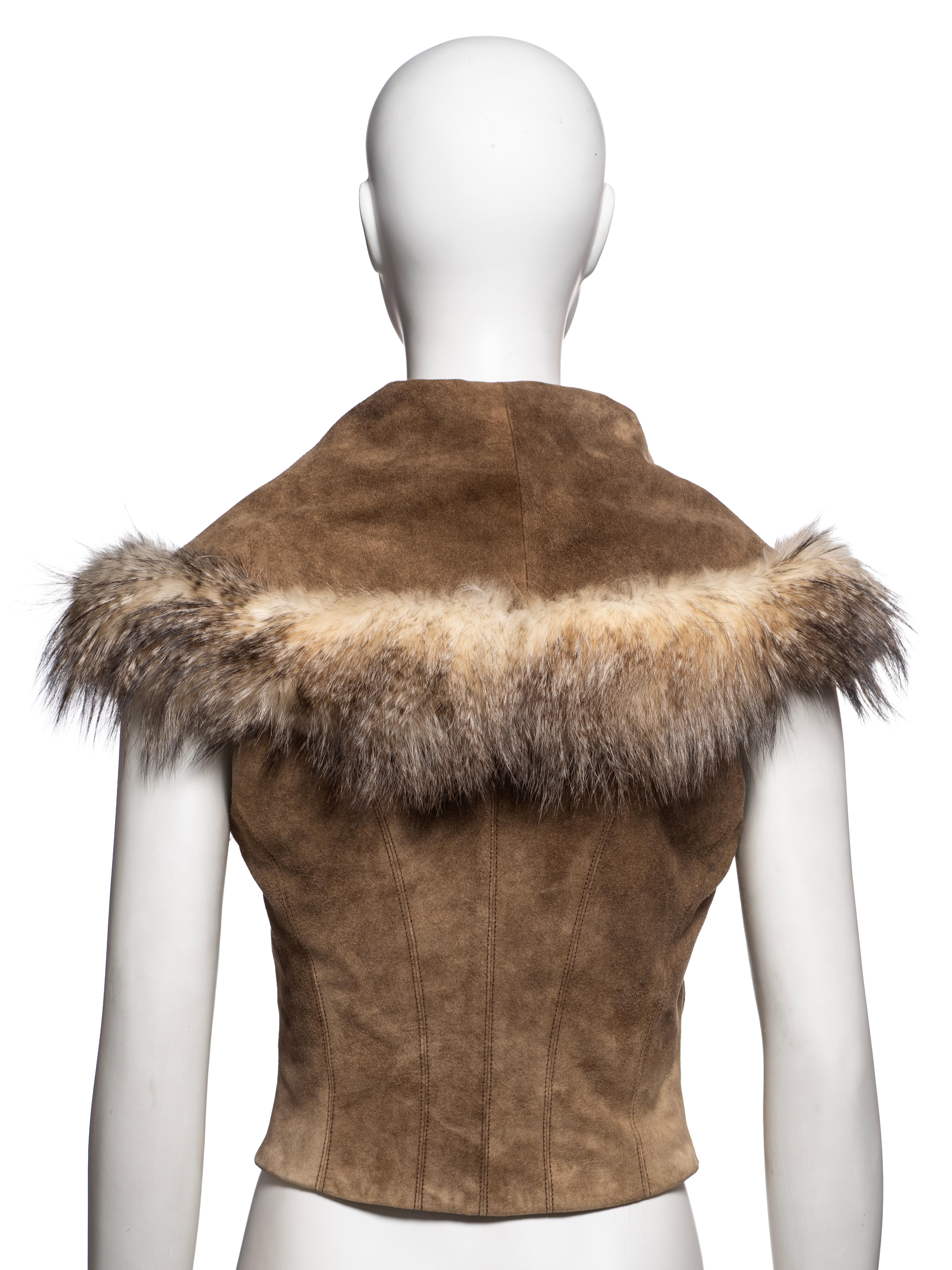 John Galliano Brown Suede Cropped Waistcoat with Fox Fur Trim, FW