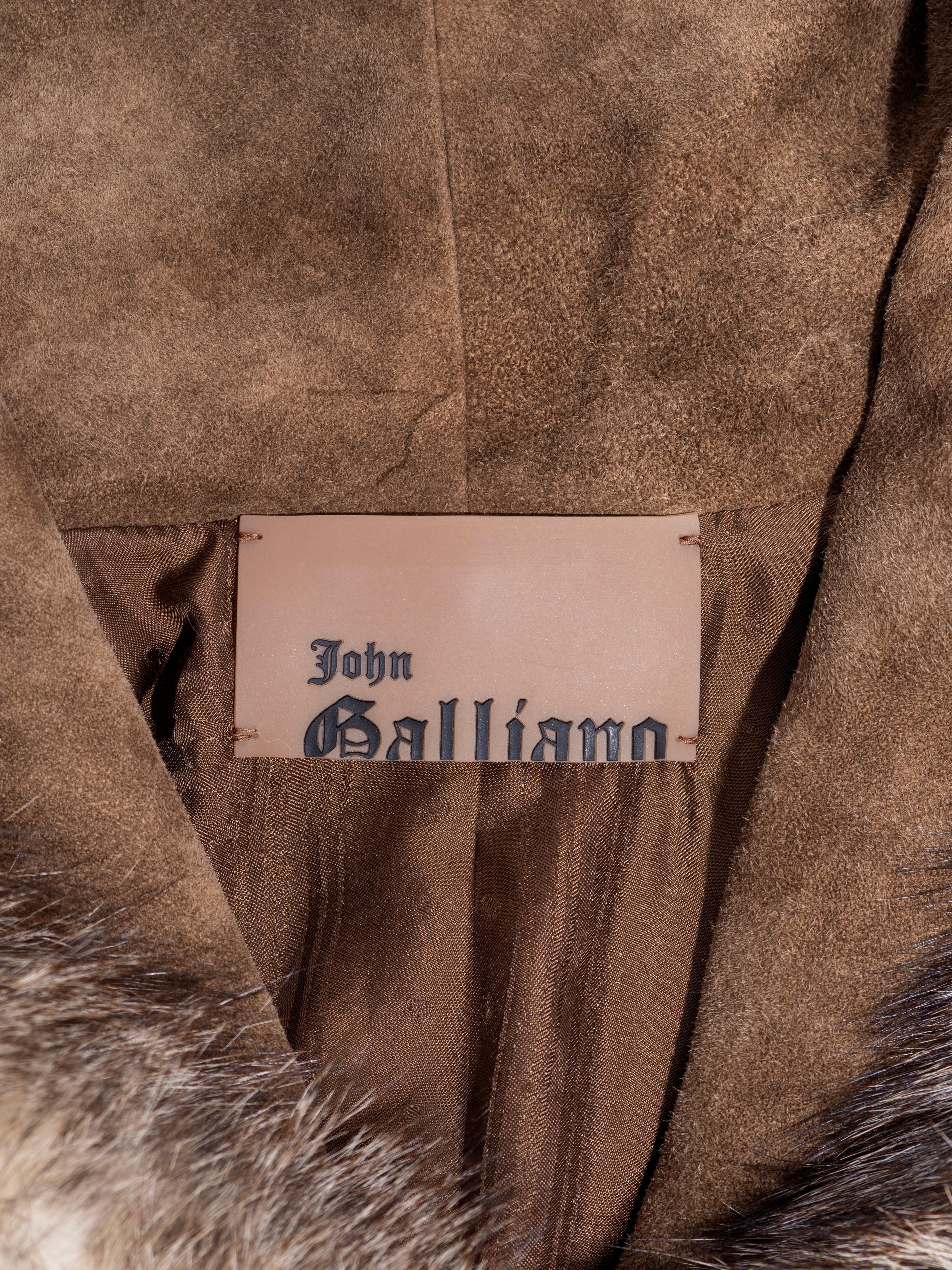 John Galliano Brown Suede Cropped Waistcoat with Fox Fur Trim, FW