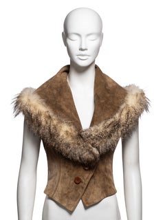 John Galliano Brown Suede Cropped Waistcoat with Fox Fur Trim, FW 2004