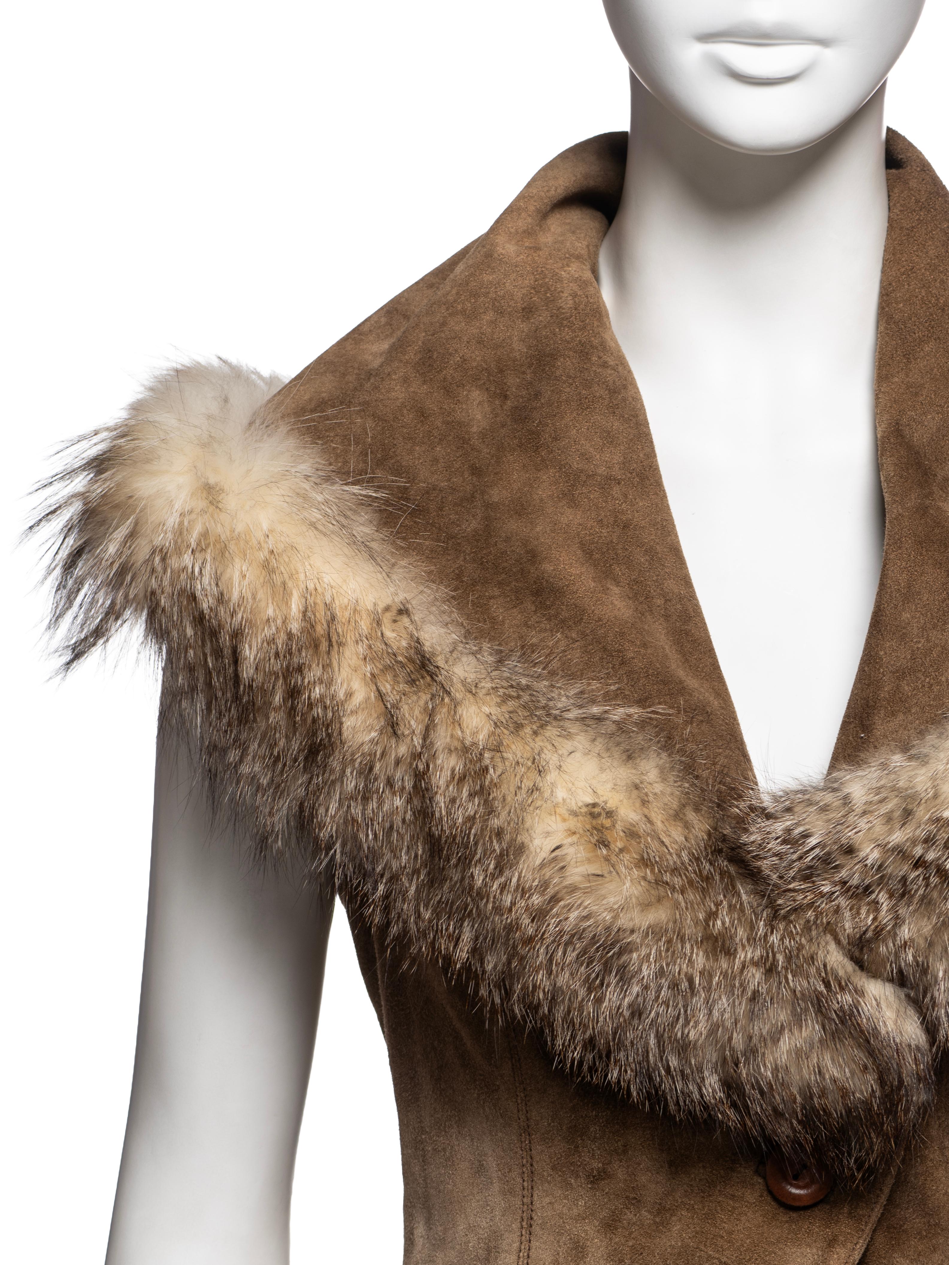 John Galliano Brown Suede Cropped Waistcoat with Fox Fur Trim, FW