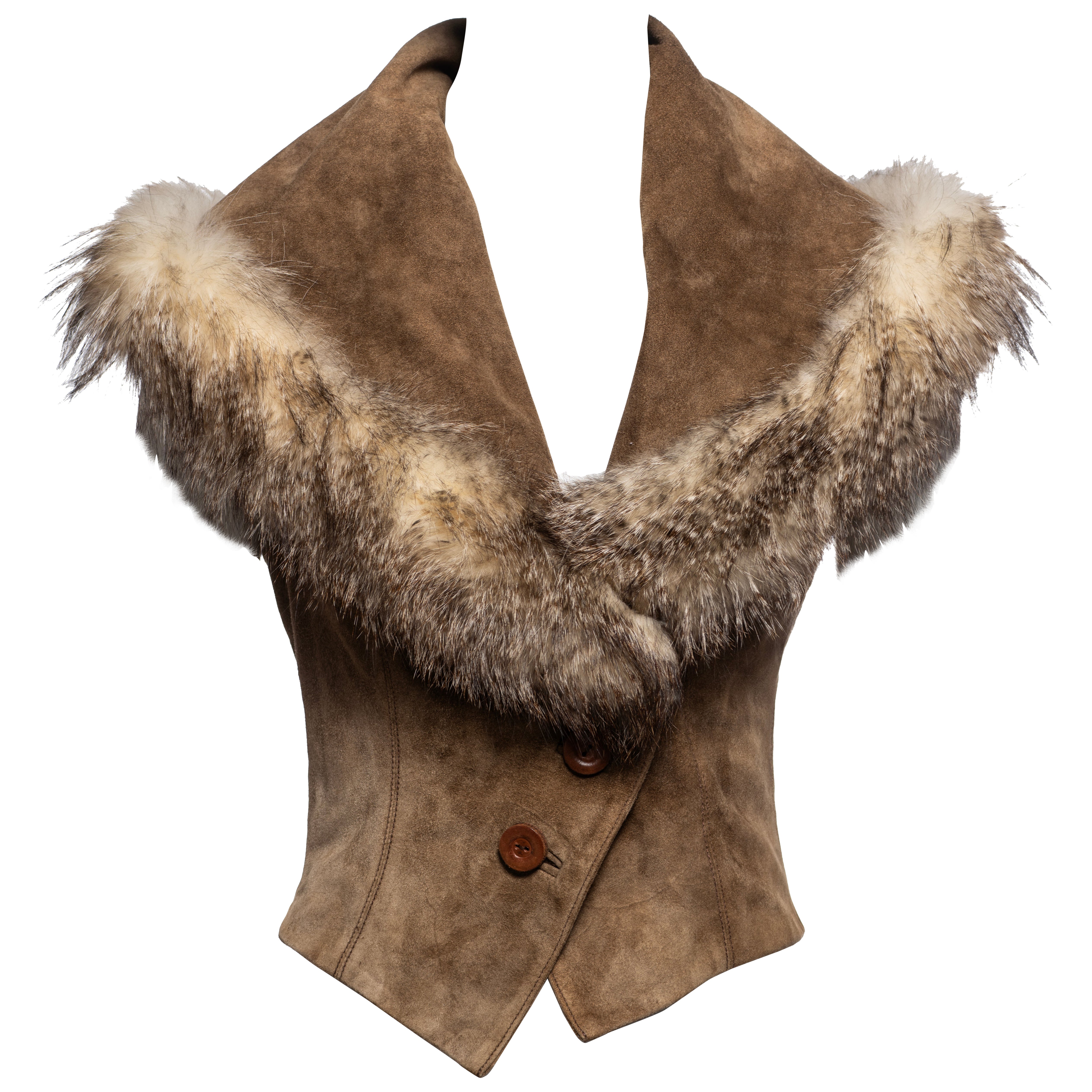 John Galliano Brown Suede Cropped Waistcoat with Fox Fur Trim, FW 2004