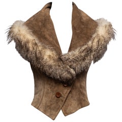 John Galliano Brown Suede Cropped Waistcoat with Fox Fur Trim, FW 2004