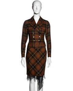 John Galliano brown tartan wool and silk jacket and skirt suit, fw 2001