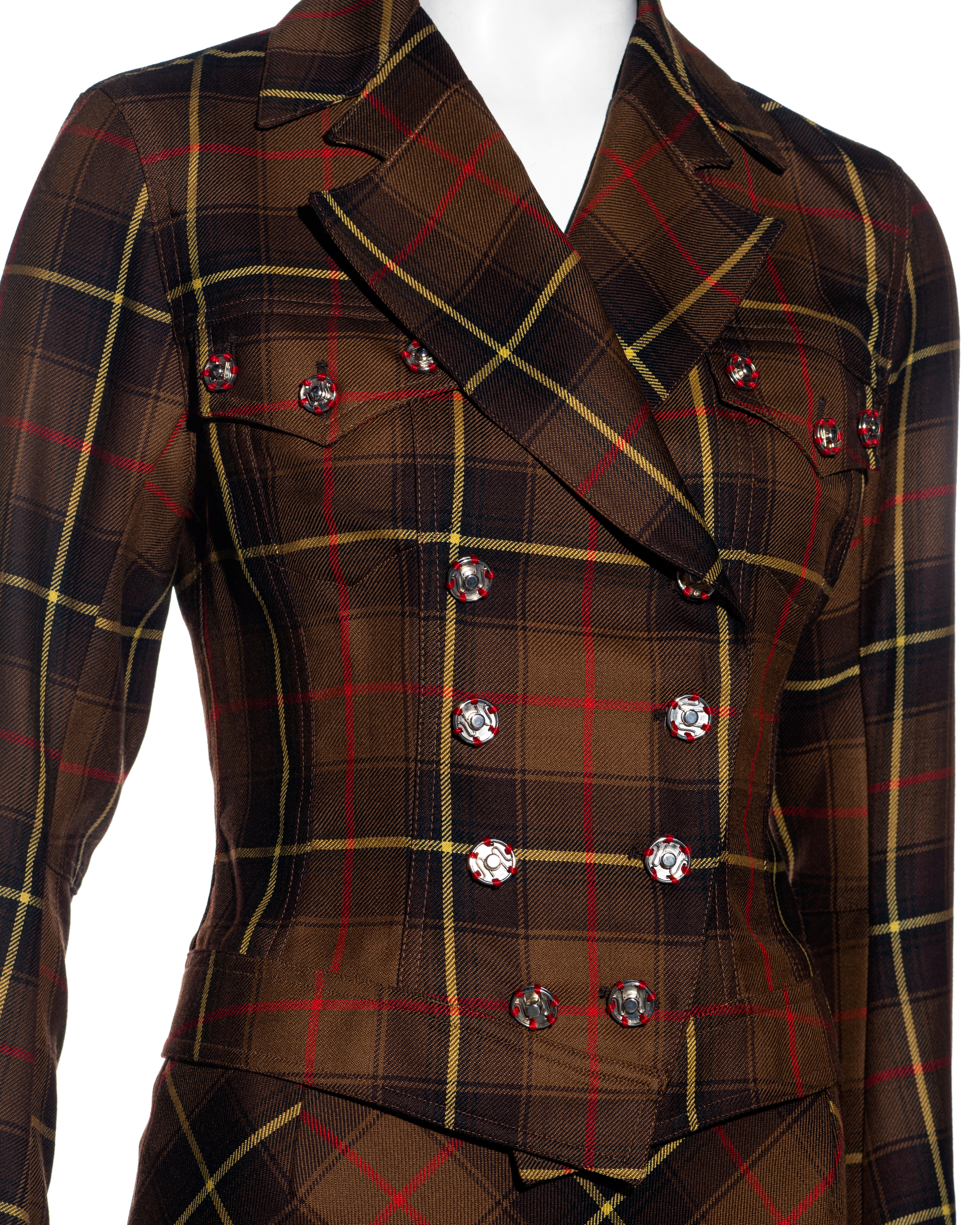 Women's John Galliano brown tartan wool and silk jacket and skirt suit, fw 2001 For Sale