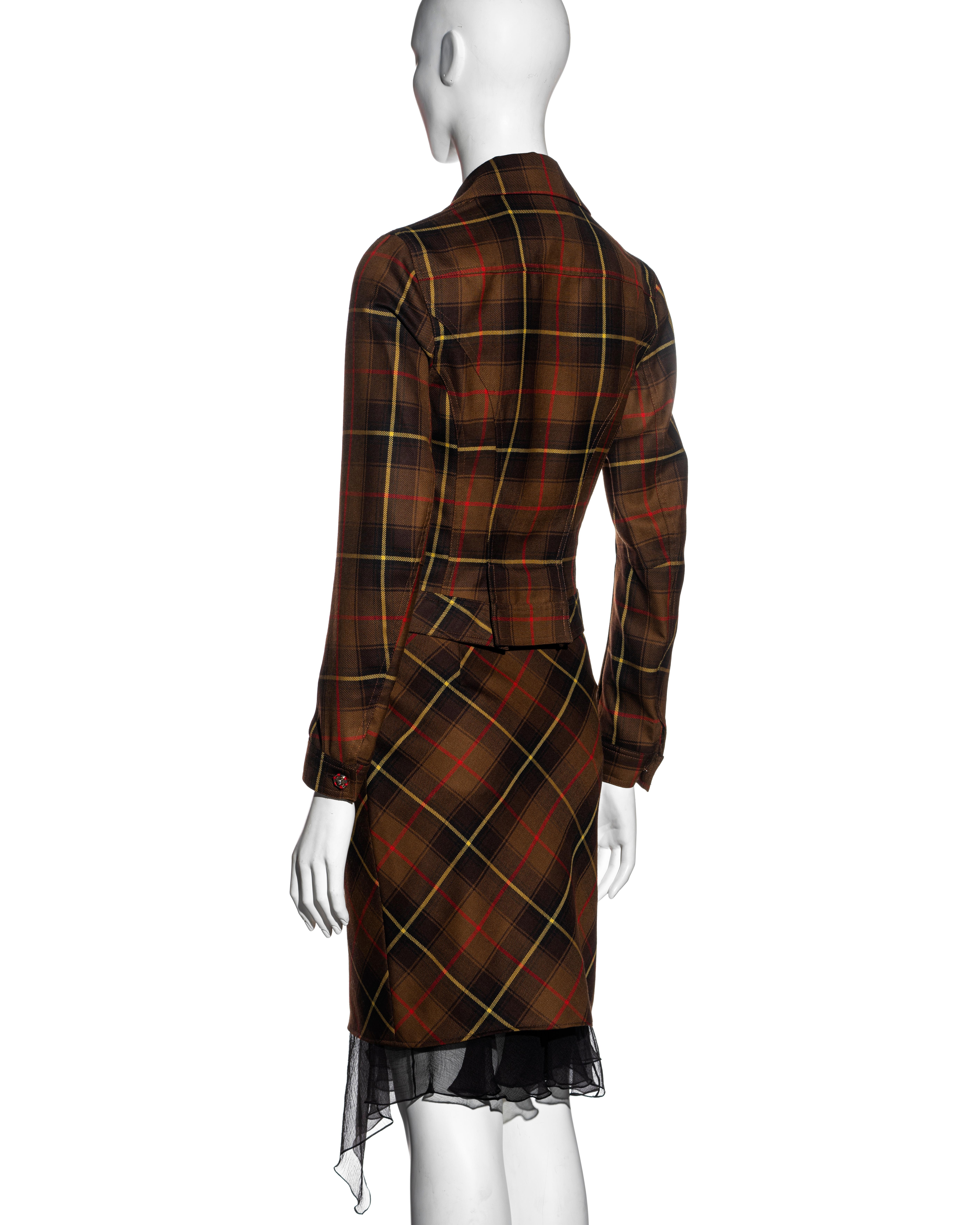 John Galliano brown tartan wool and silk jacket and skirt suit, fw 2001 For Sale 2