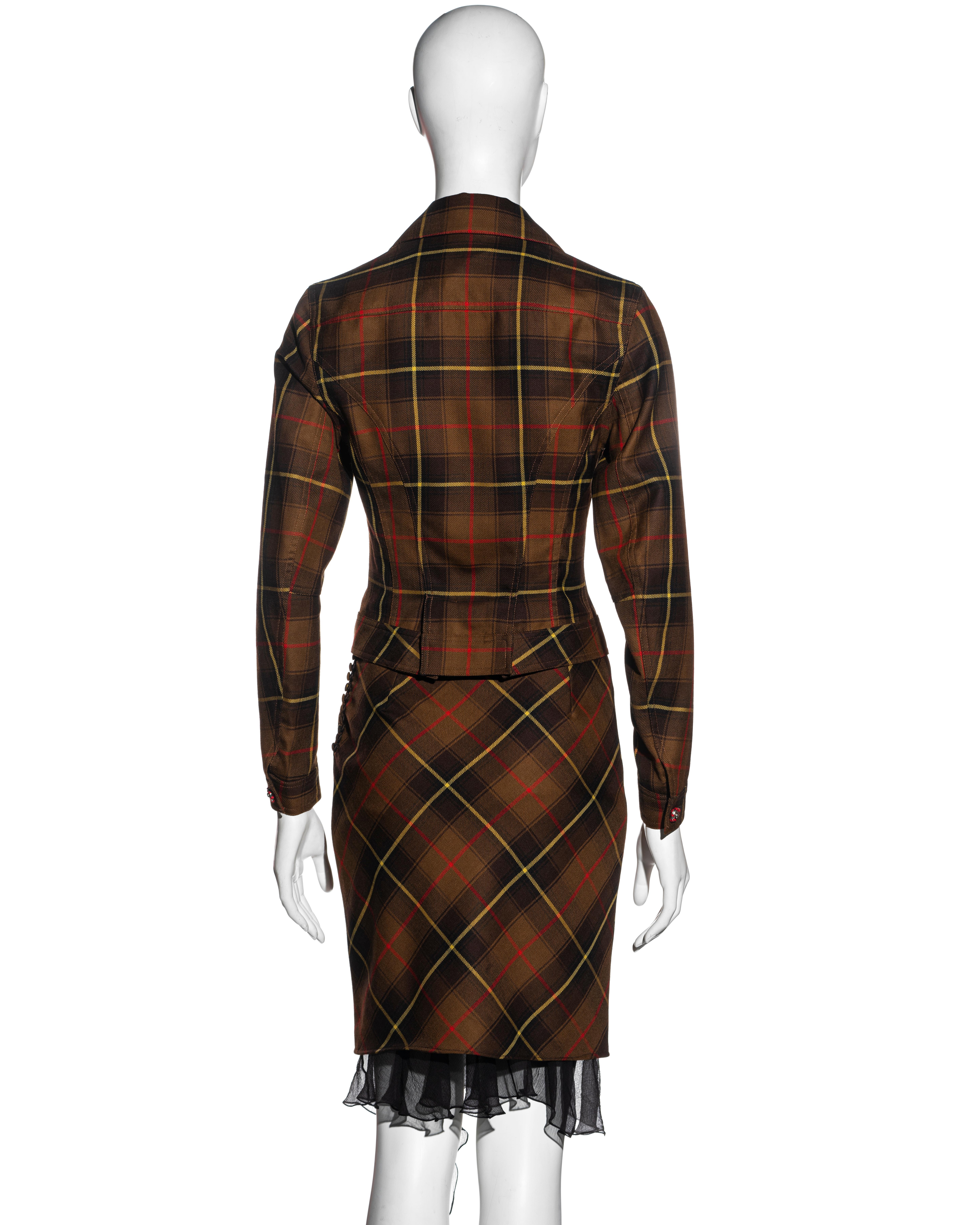 John Galliano brown tartan wool and silk jacket and skirt suit, fw 2001 For Sale 3