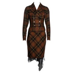 John Galliano brown tartan wool and silk jacket and skirt suit, fw 2001