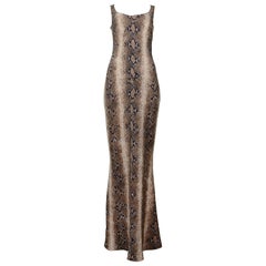 John Galliano Brown Tone Snakeskin Print Maxi Length Dress