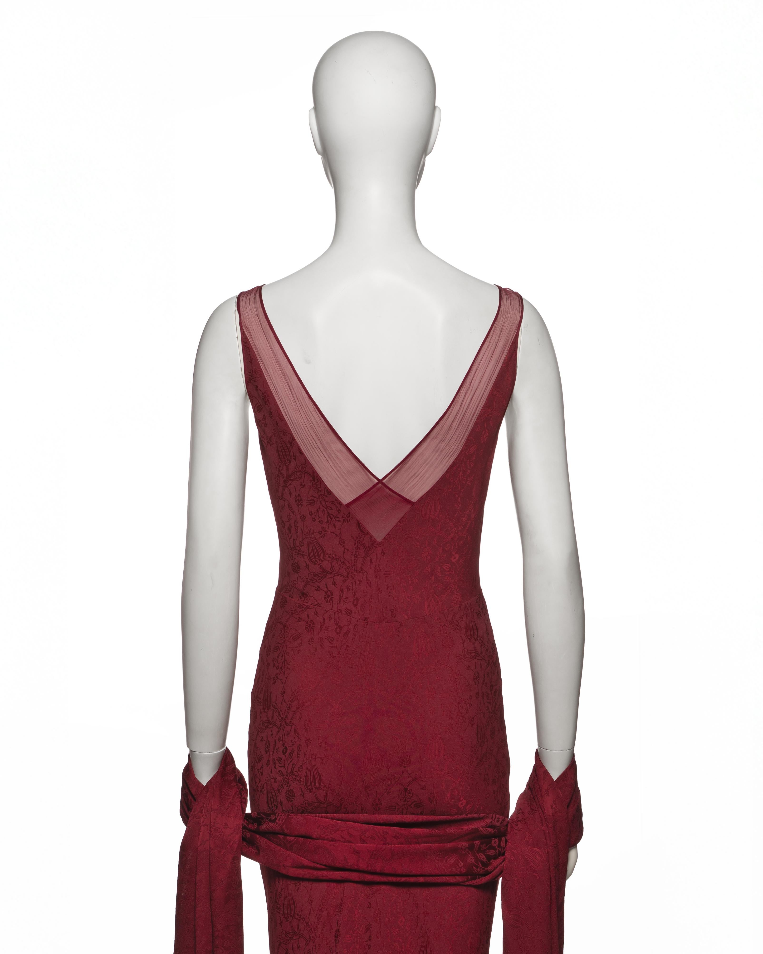 John Galliano Burgundy Bias Cut Damask Dress & Shawl with Fringe, SS 1999 en vente 5