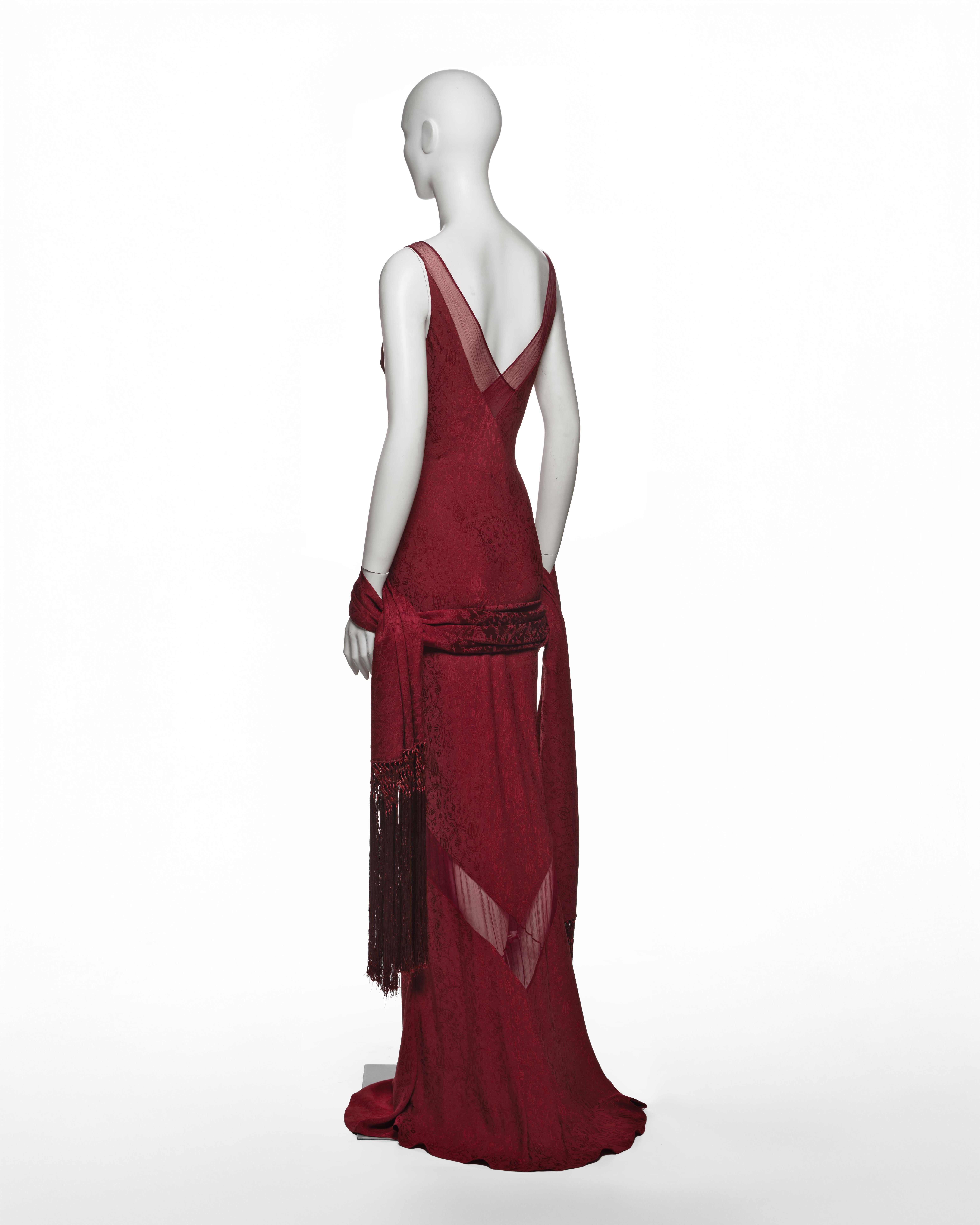 John Galliano Burgundy Bias Cut Damask Dress & Shawl with Fringe, SS 1999 en vente 6