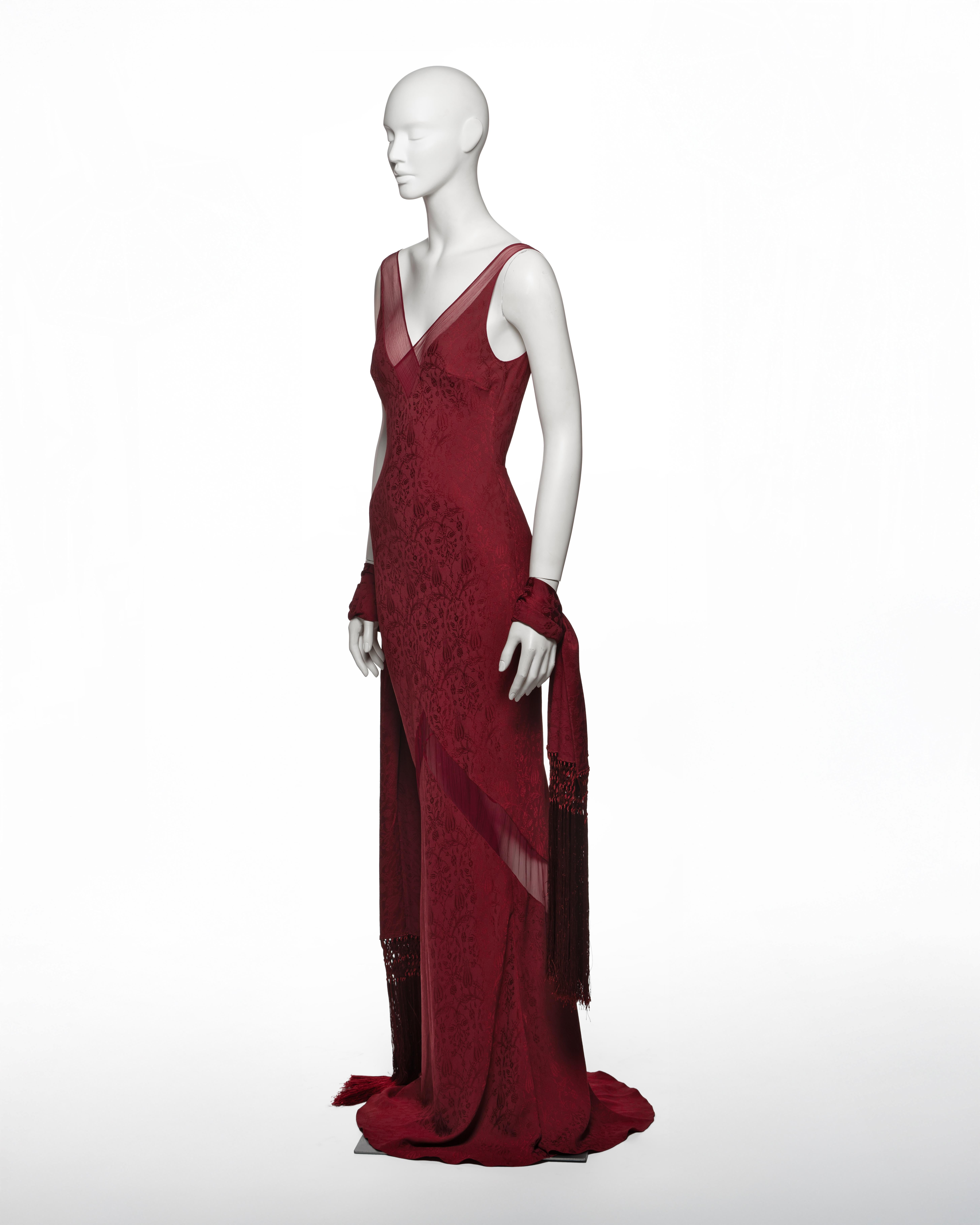 John Galliano Burgundy Bias Cut Damask Dress & Shawl with Fringe, SS 1999 en vente 7
