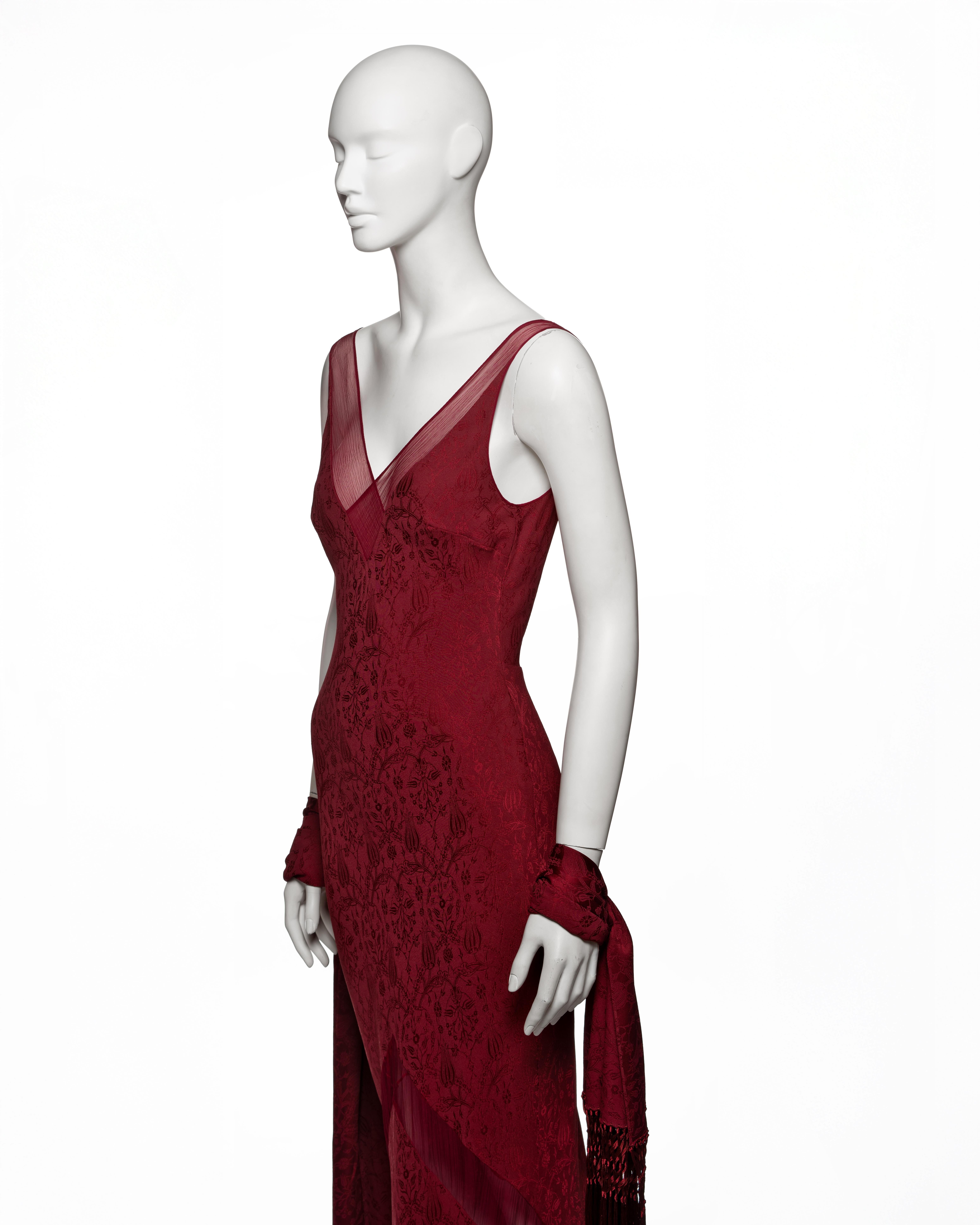 John Galliano Burgundy Bias Cut Damask Dress & Shawl with Fringe, SS 1999 en vente 8