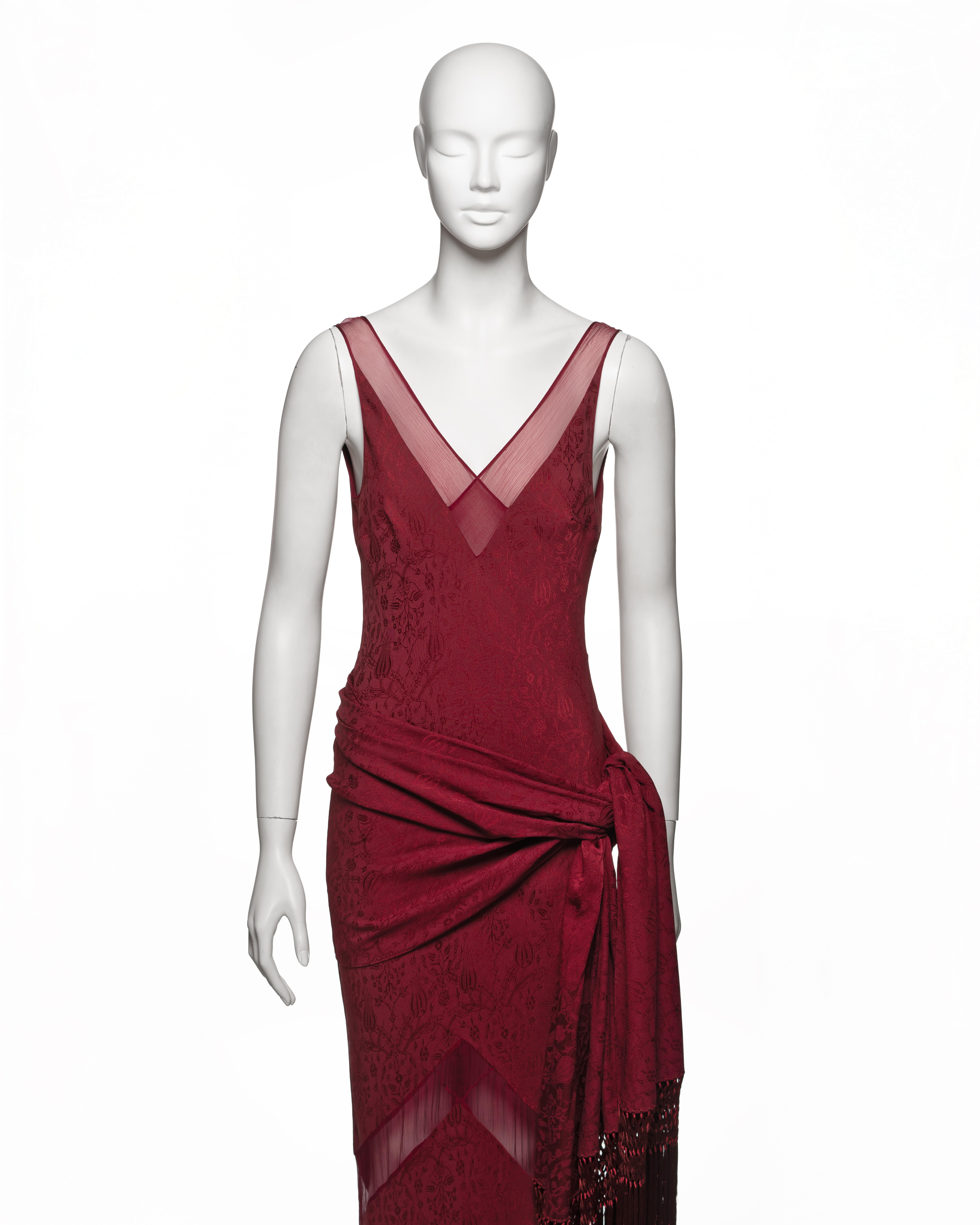 Marron John Galliano Burgundy Bias Cut Damask Dress & Shawl with Fringe, SS 1999 en vente