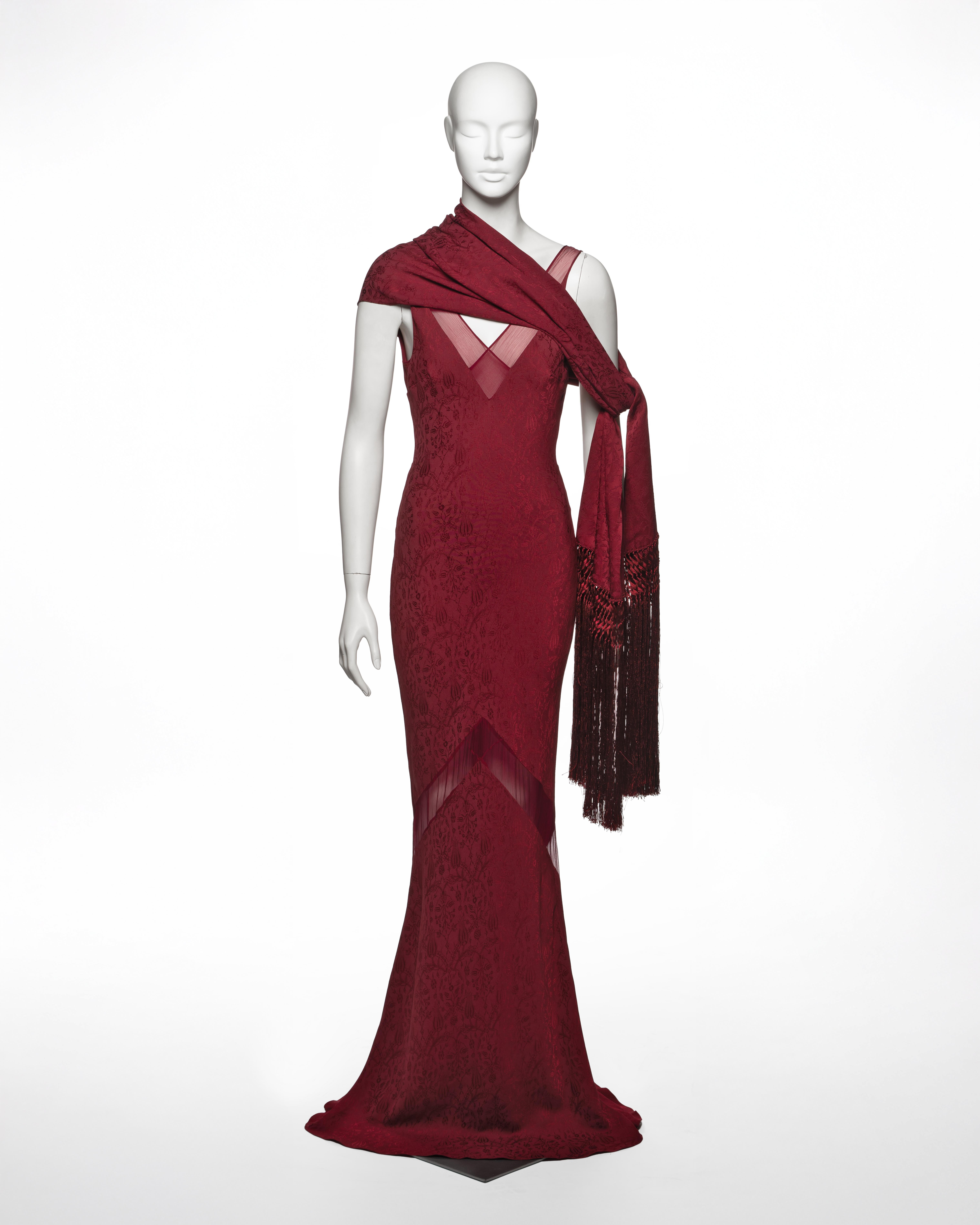 John Galliano Burgundy Bias Cut Damask Dress & Shawl with Fringe, SS 1999 Excellent état - En vente à London, GB