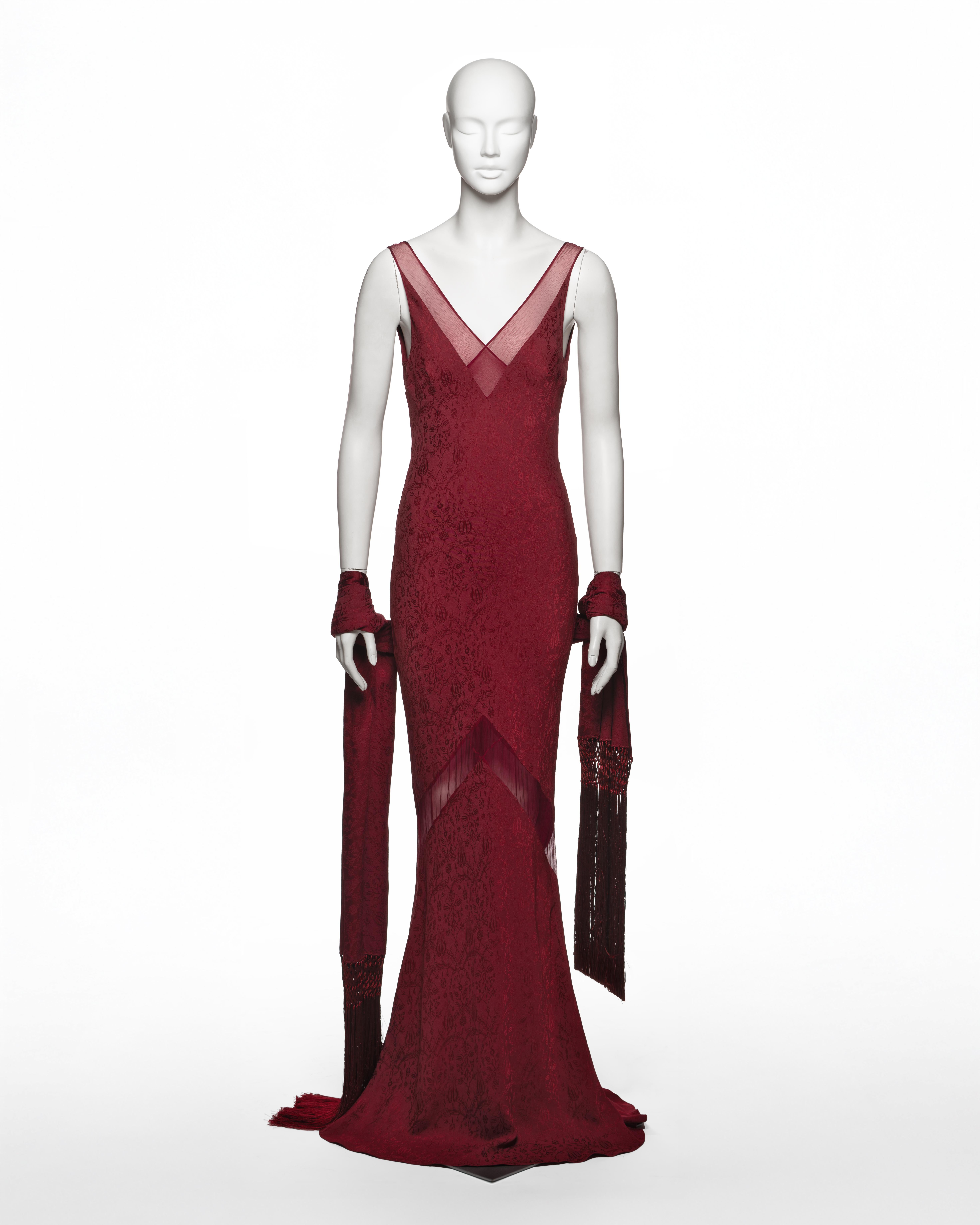 John Galliano Burgundy Bias Cut Damask Dress & Shawl with Fringe, SS 1999 Pour femmes en vente