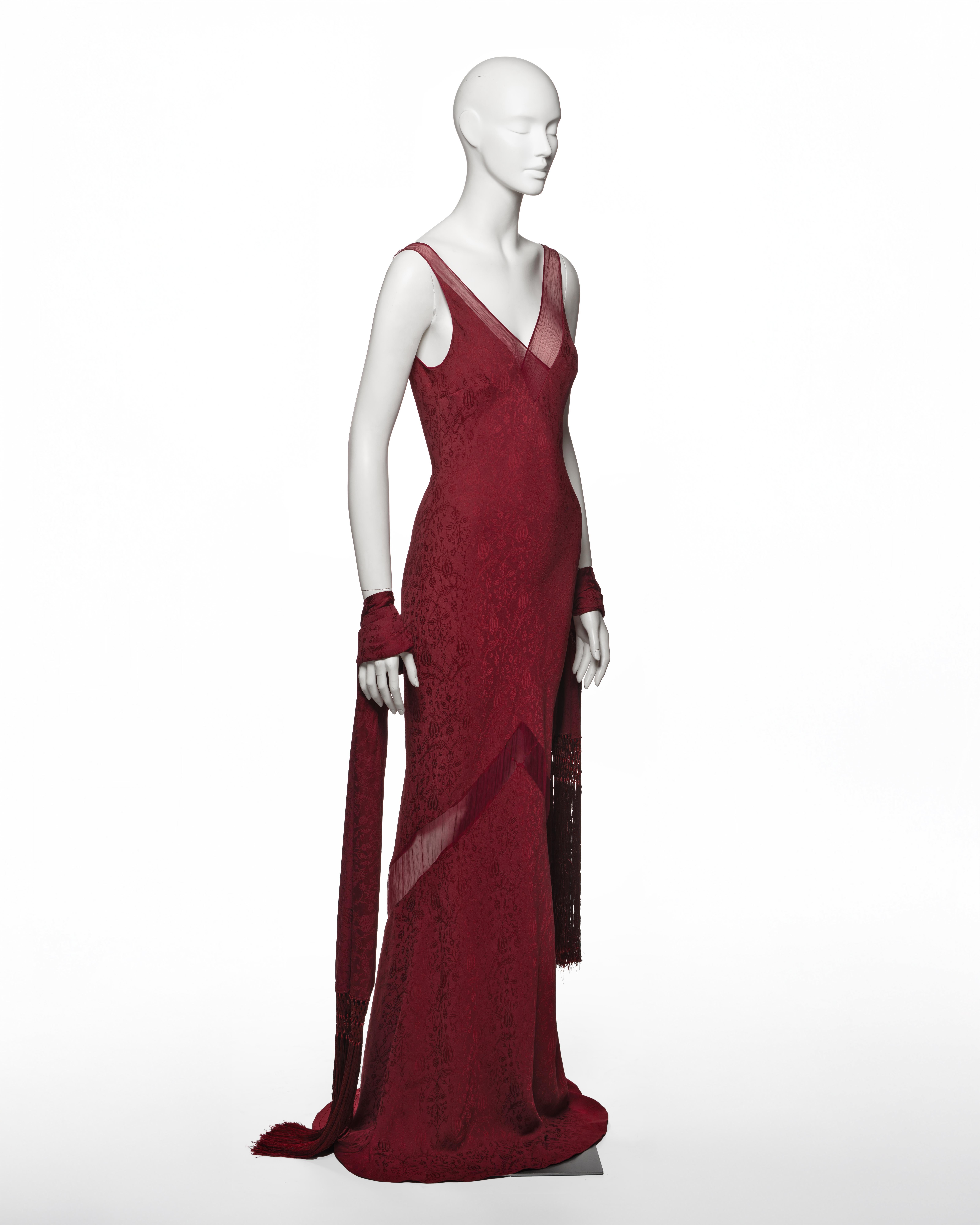 John Galliano Burgundy Bias Cut Damask Dress & Shawl with Fringe, SS 1999 en vente 1