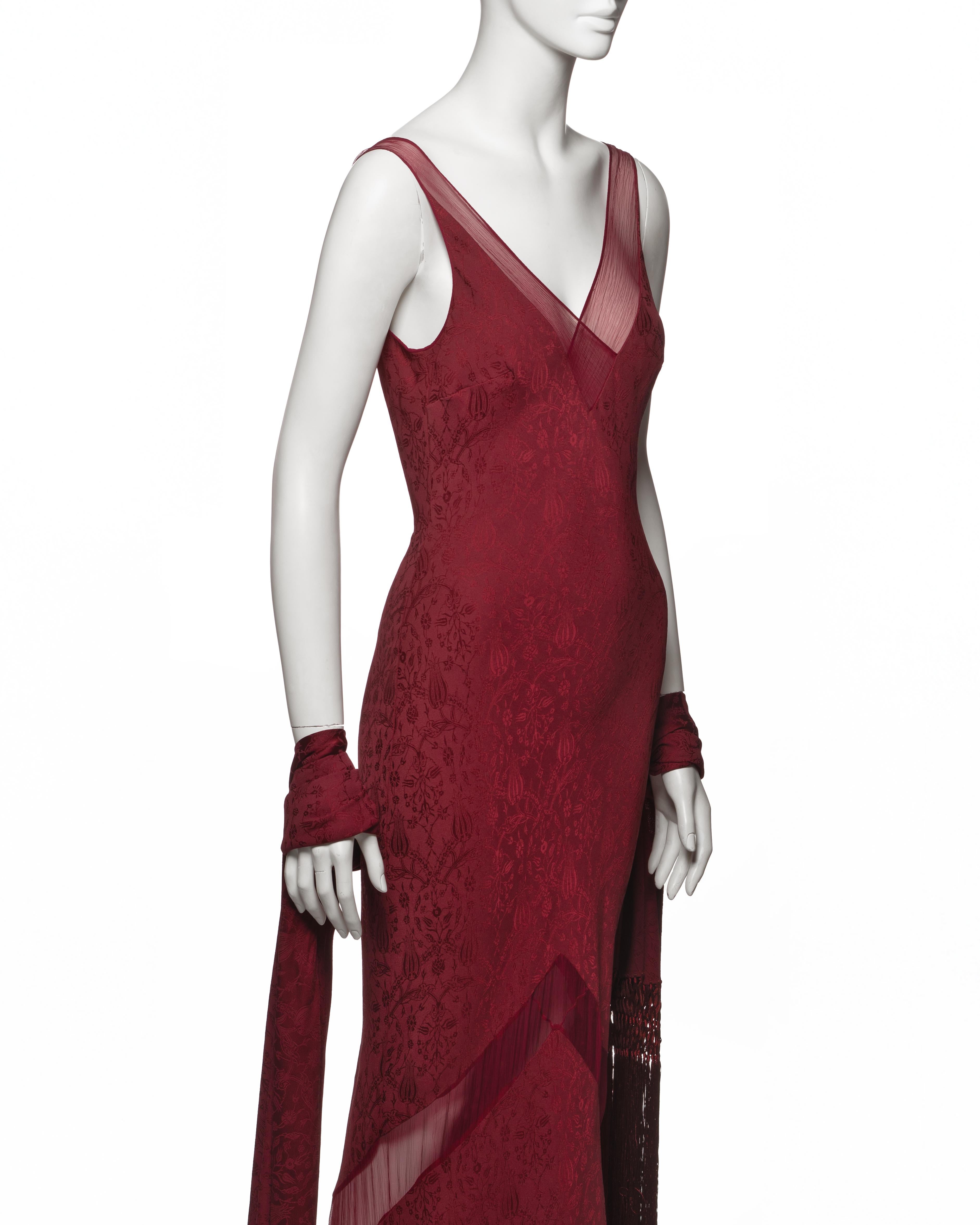 John Galliano Burgundy Bias Cut Damask Dress & Shawl with Fringe, SS 1999 en vente 2