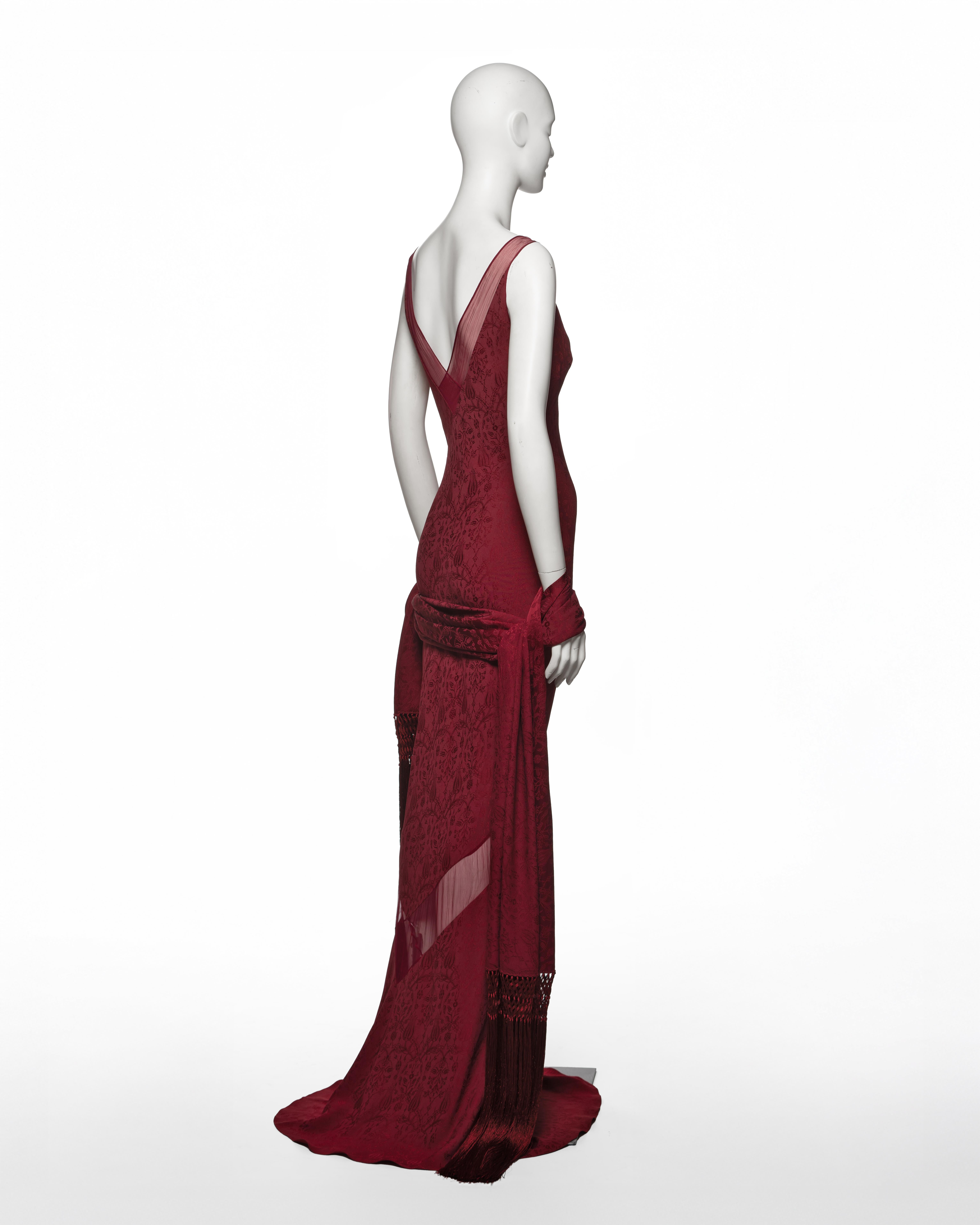 John Galliano Burgundy Bias Cut Damask Dress & Shawl with Fringe, SS 1999 en vente 3