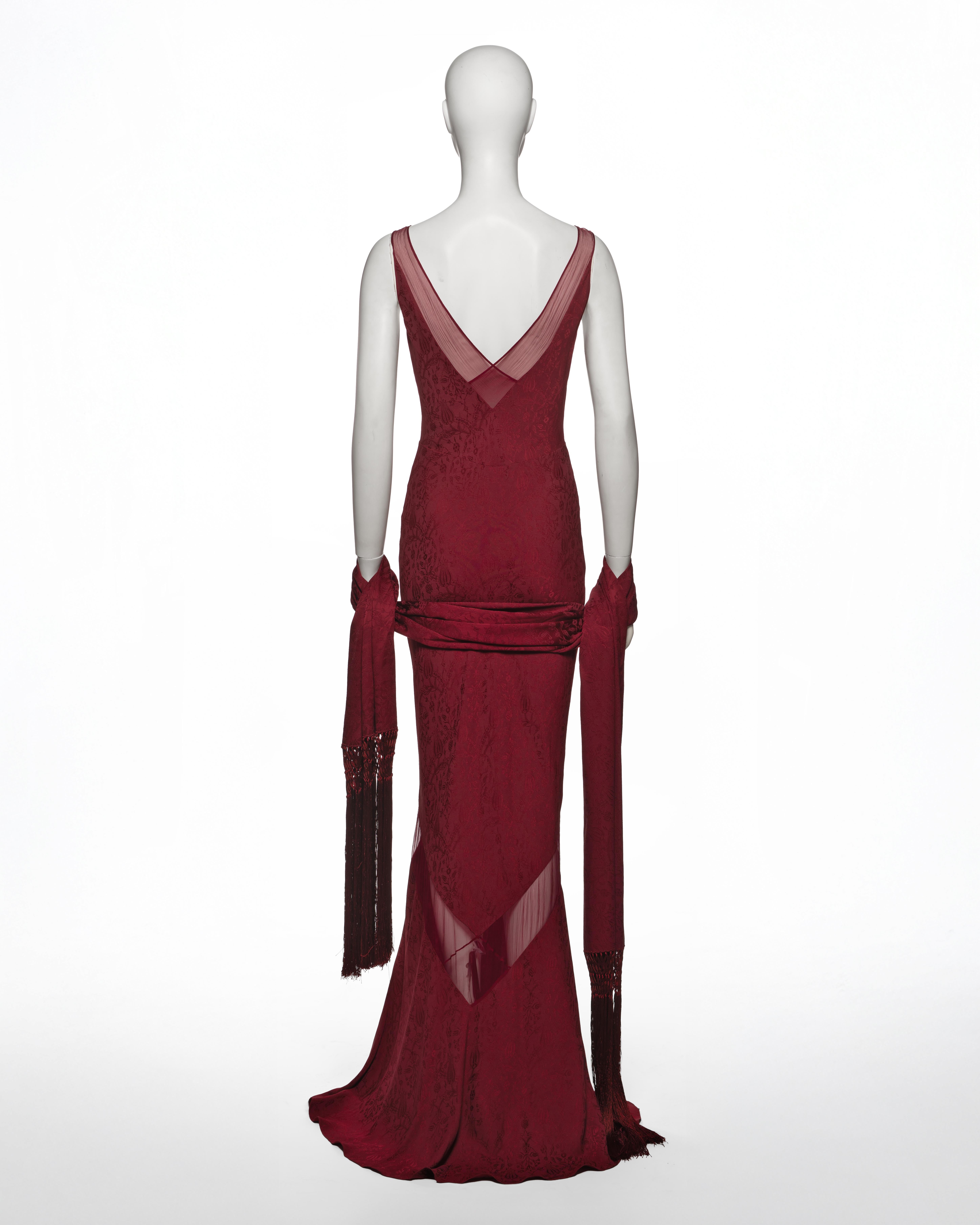 John Galliano Burgundy Bias Cut Damask Dress & Shawl with Fringe, SS 1999 en vente 4