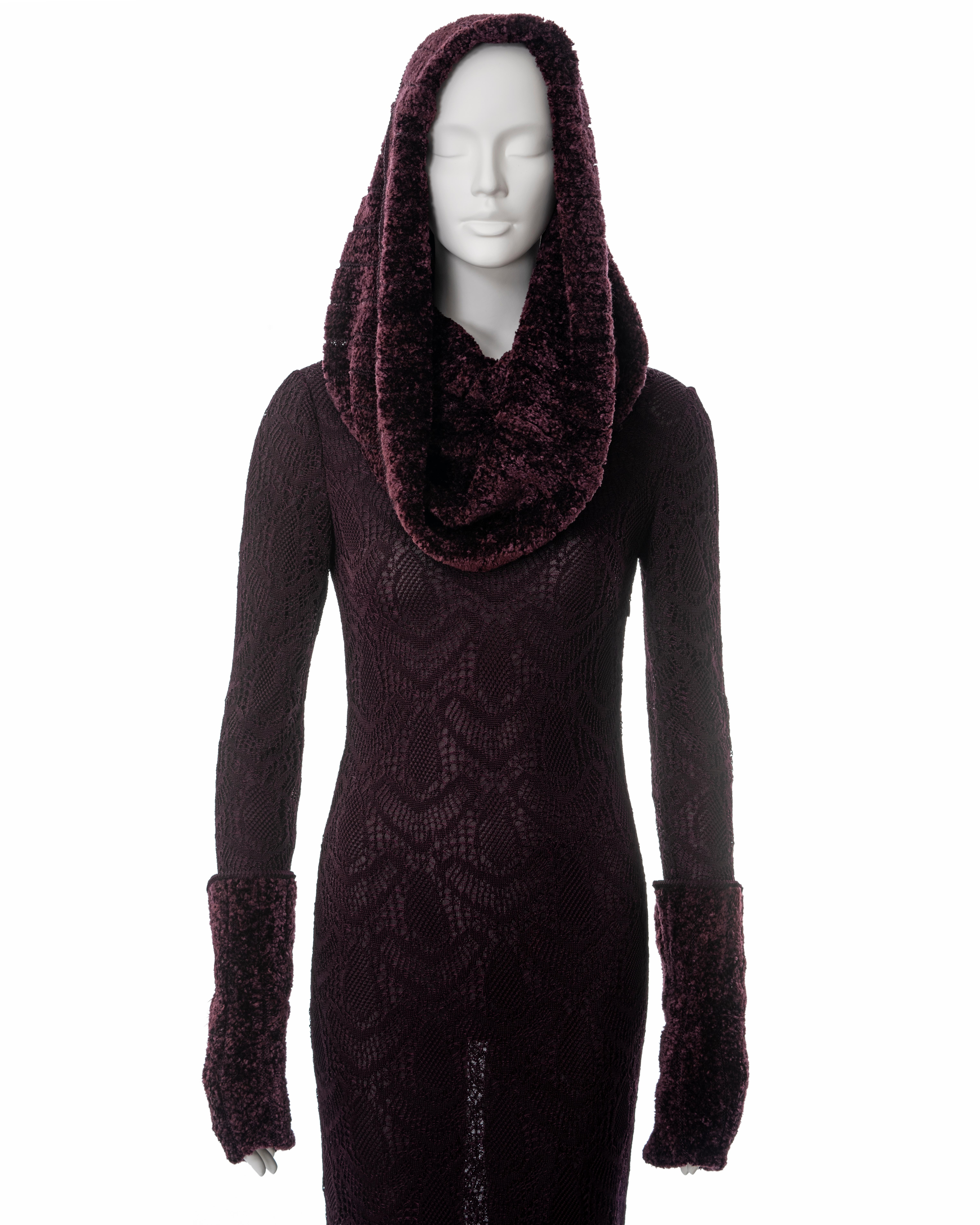 Black John Galliano burgundy knitted lace and chenille evening dress, fw 1999
