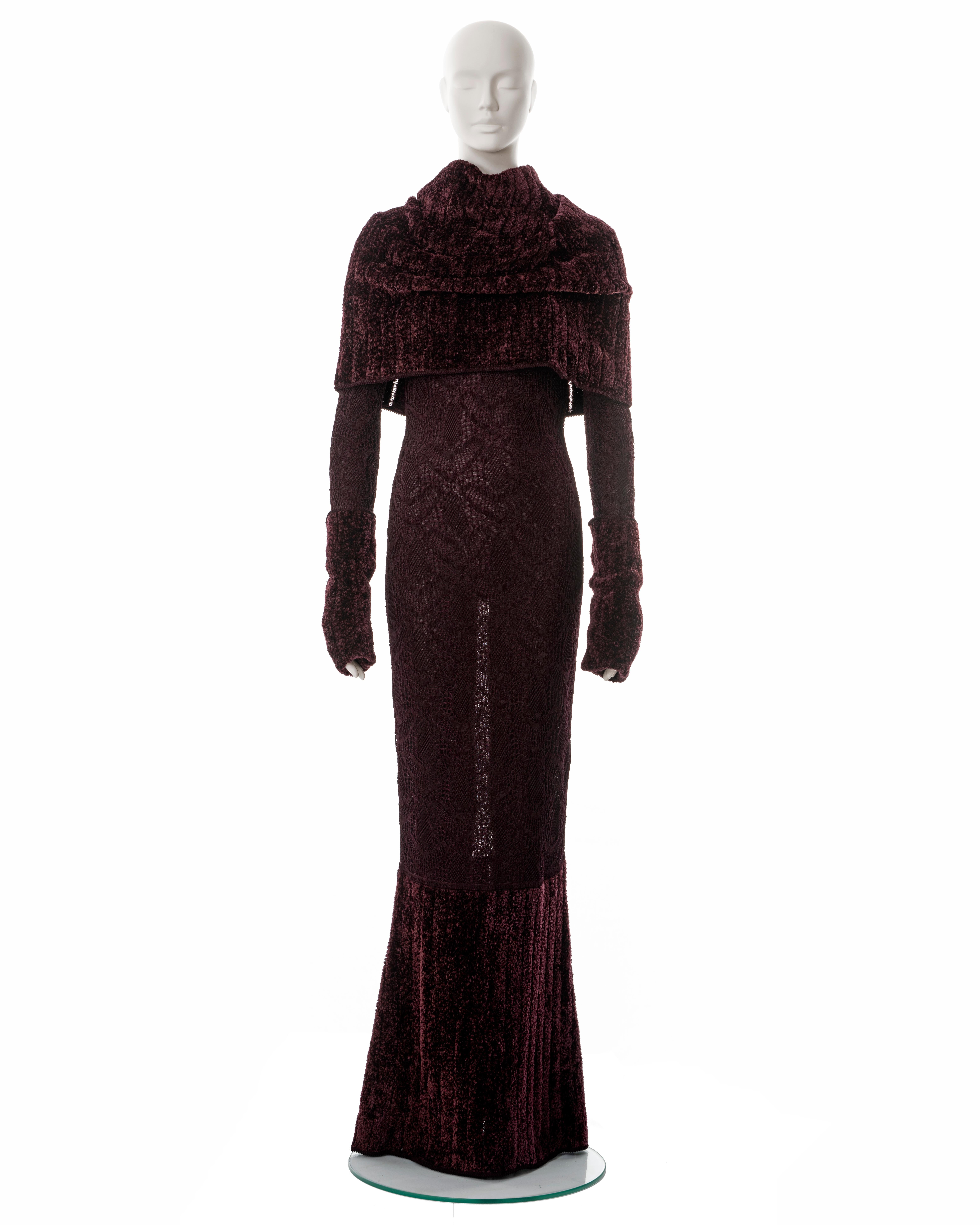 Women's John Galliano burgundy knitted lace and chenille evening dress, fw 1999