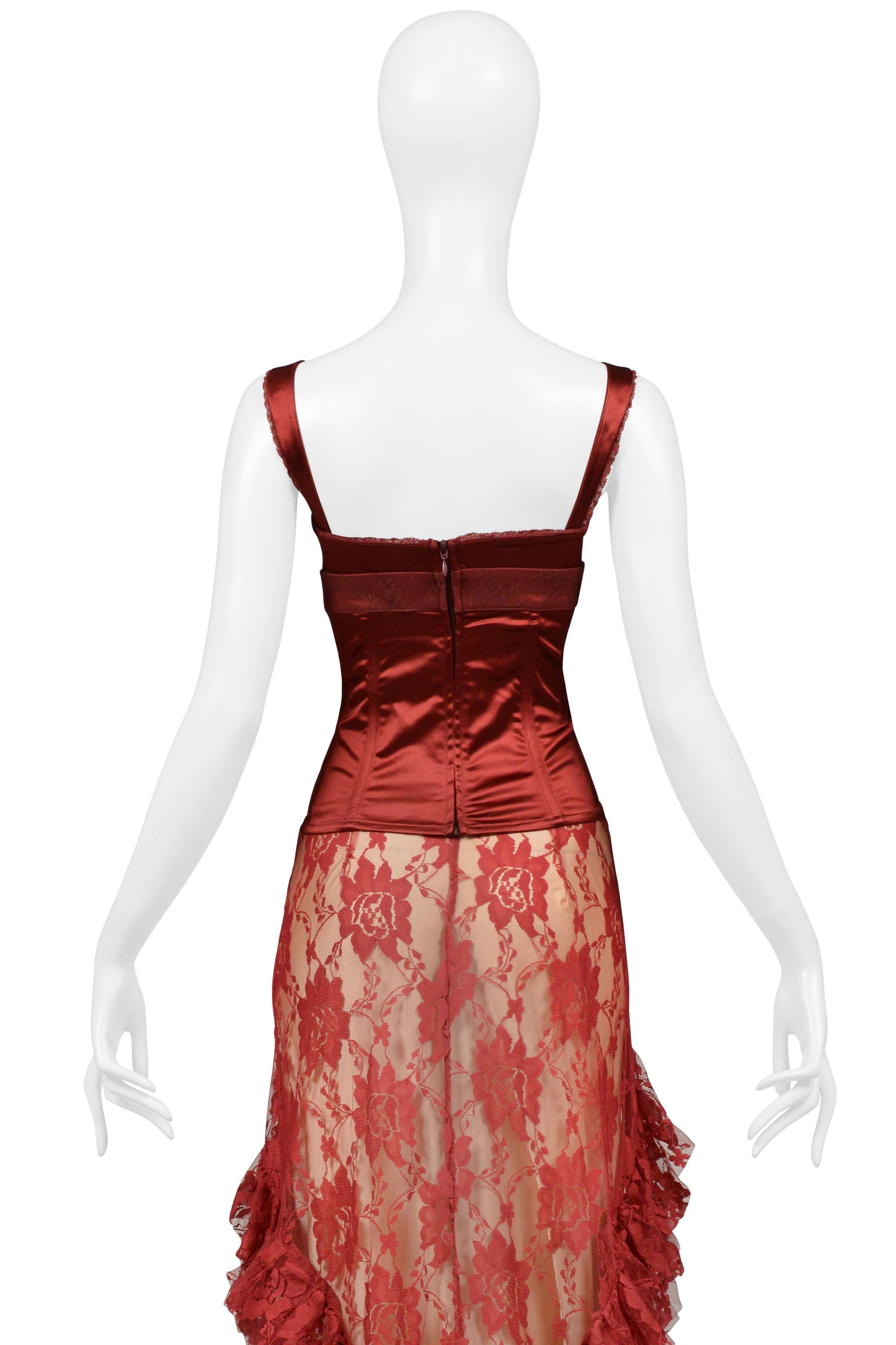 John Galliano Burgundy Lace Ballgown Skirt & Corset Top For Sale 7