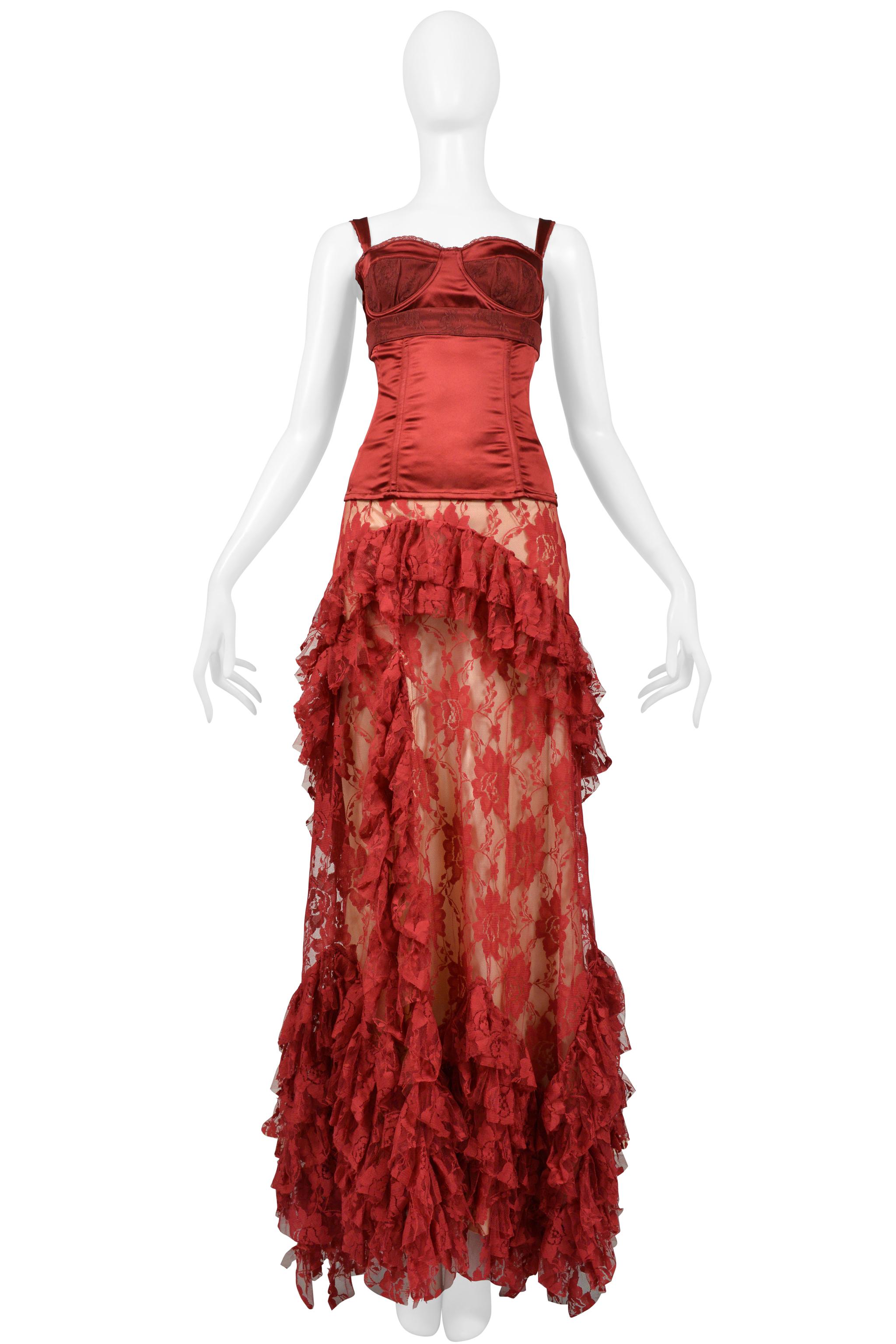 John Galliano Burgundy Lace Ballgown Skirt & Corset Top In Good Condition For Sale In Los Angeles, CA