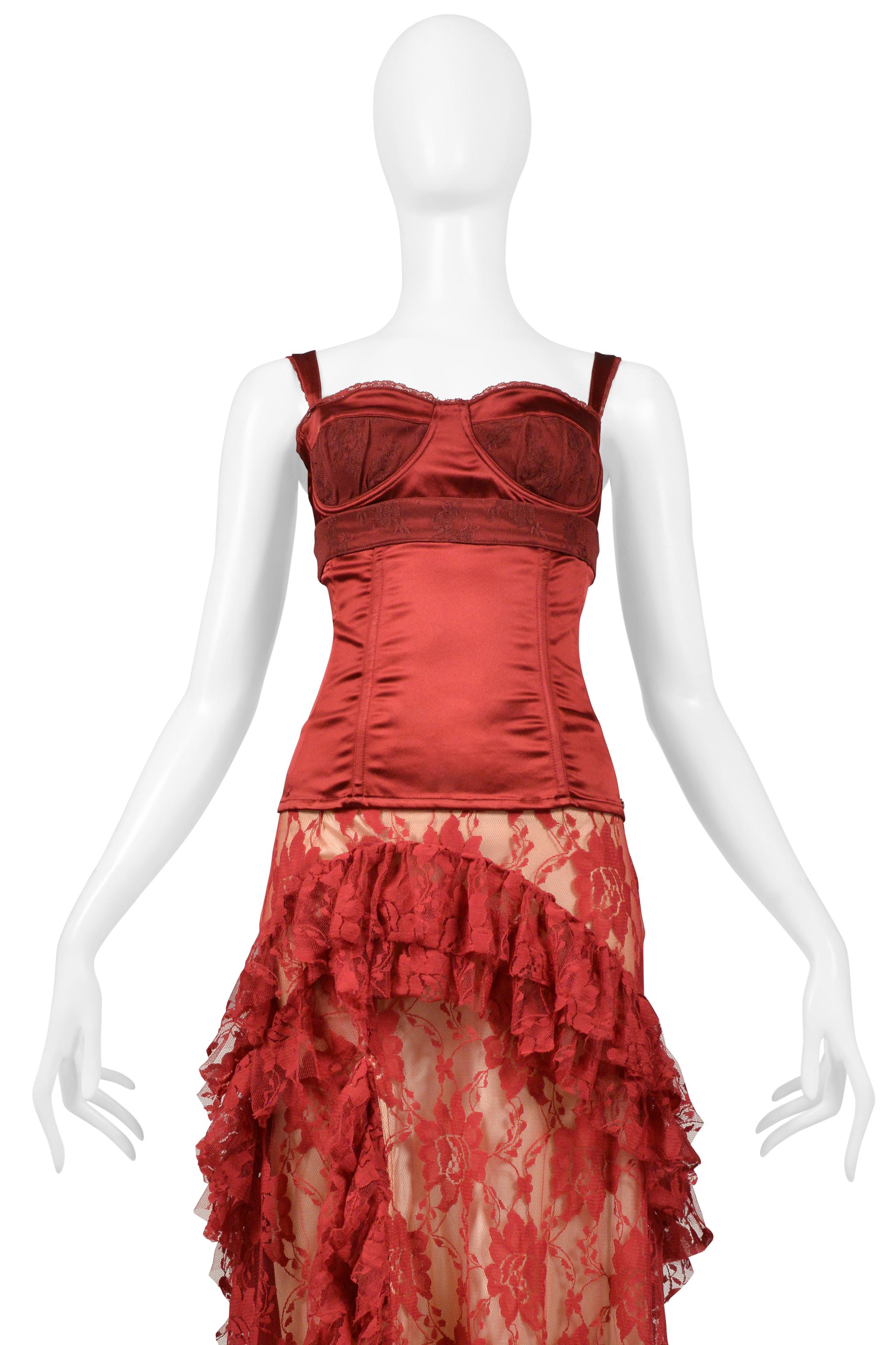 John Galliano Burgundy Lace Ballgown Skirt & Corset Top For Sale 3