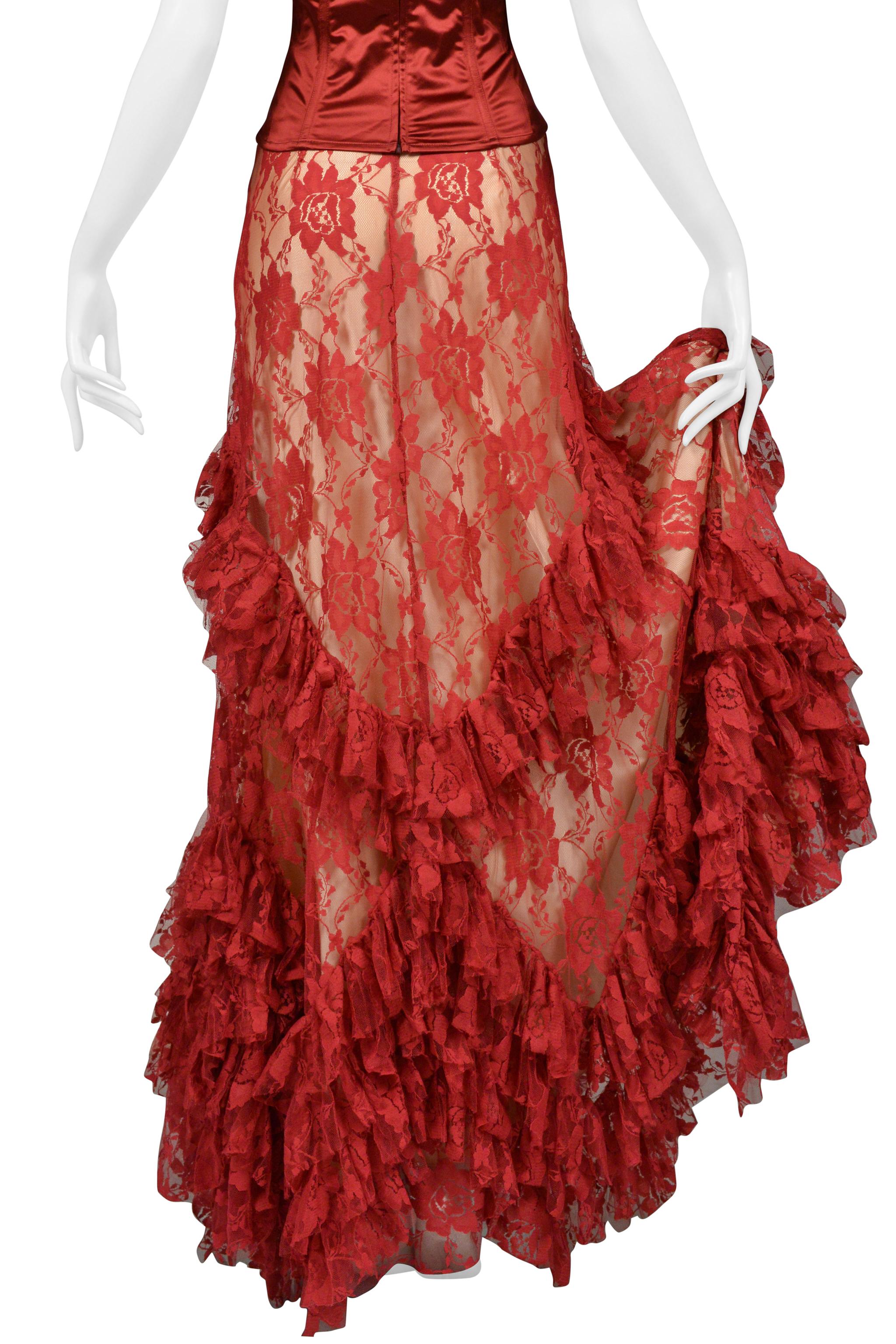 John Galliano Burgundy Lace Ballgown Skirt & Corset Top For Sale 4