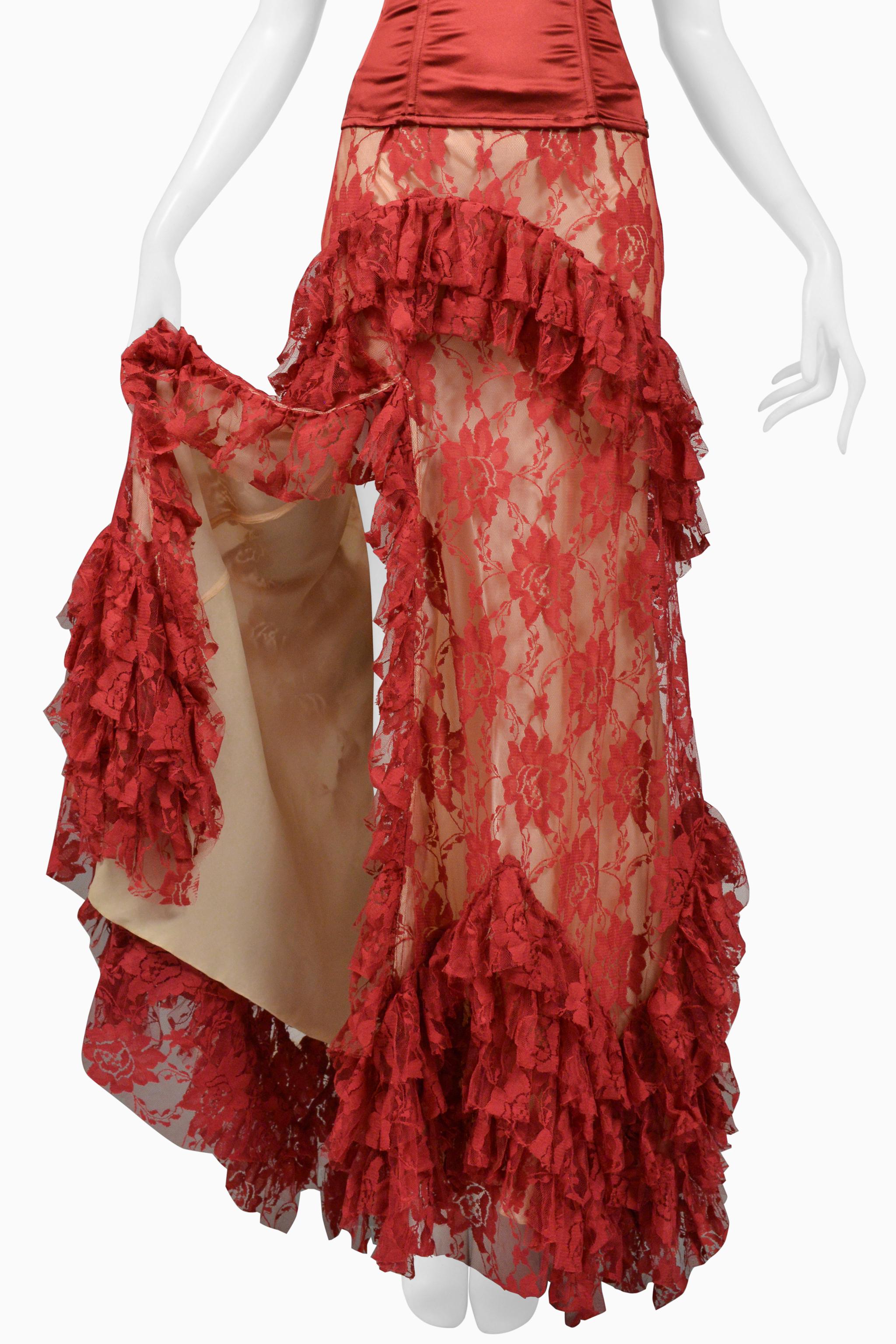 John Galliano Burgundy Lace Ballgown Skirt & Corset Top For Sale 5
