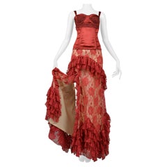 John Galliano Burgundy Lace Ballgown Skirt & Corset Top