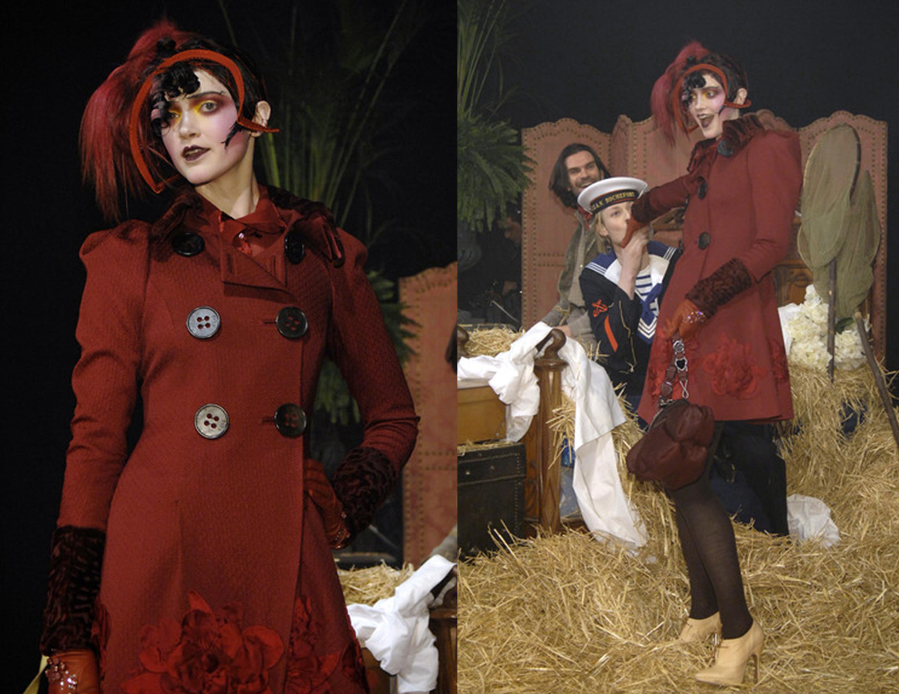John Galliano Burgundy Red Coat With Curly Lamb Collar And Cuffs 2007 In Excellent Condition For Sale In Los Angeles, CA