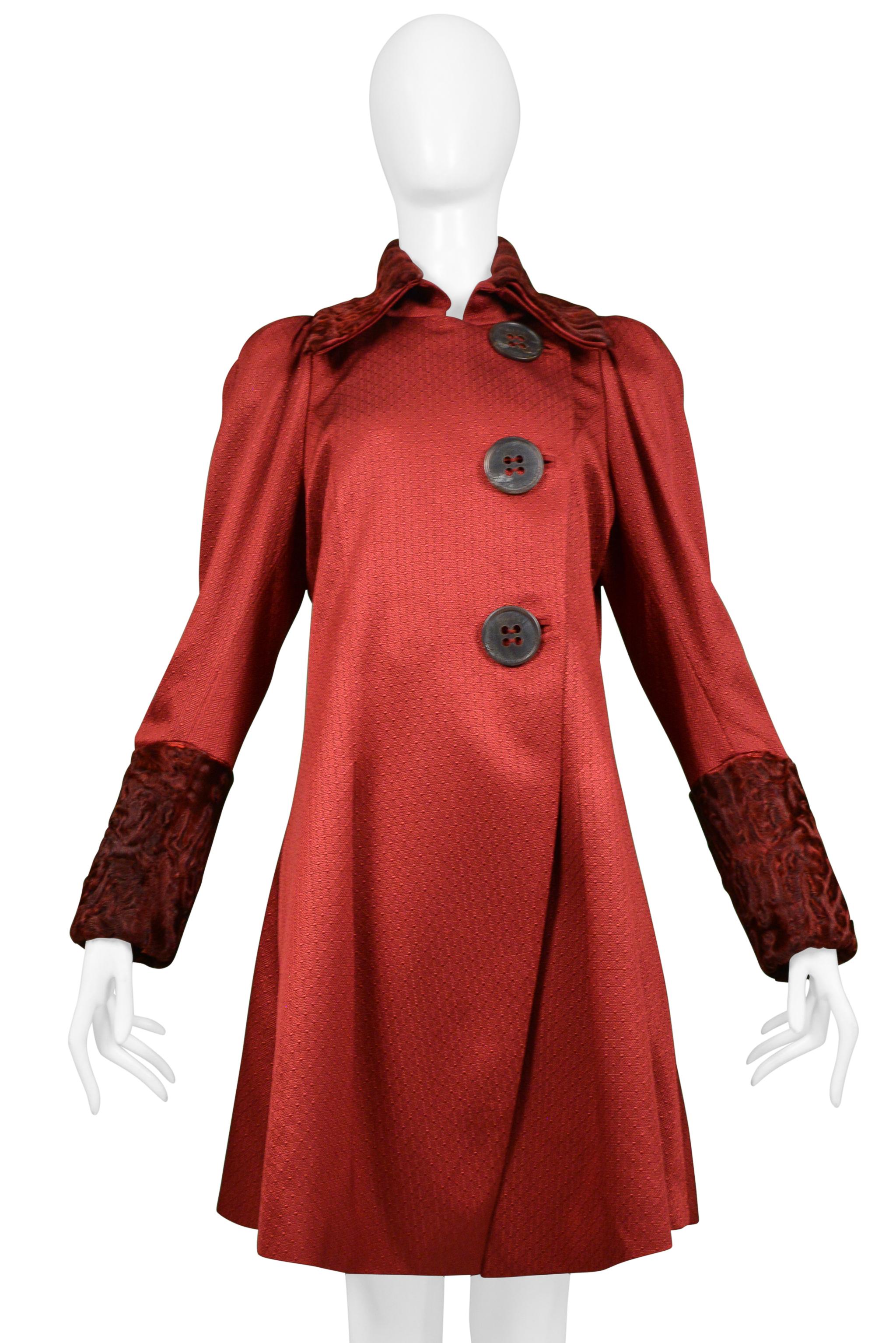 Women's John Galliano Burgundy Red Coat With Curly Lamb Collar And Cuffs 2007 For Sale