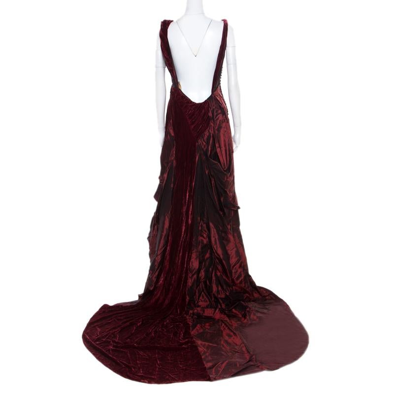 Black John Galliano Burgundy Velvet Trim Sleeveless Evening Gown M
