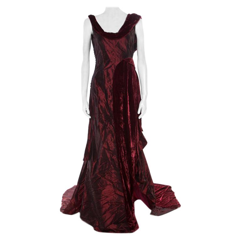 John Galliano Burgundy Velvet Trim Sleeveless Evening Gown M