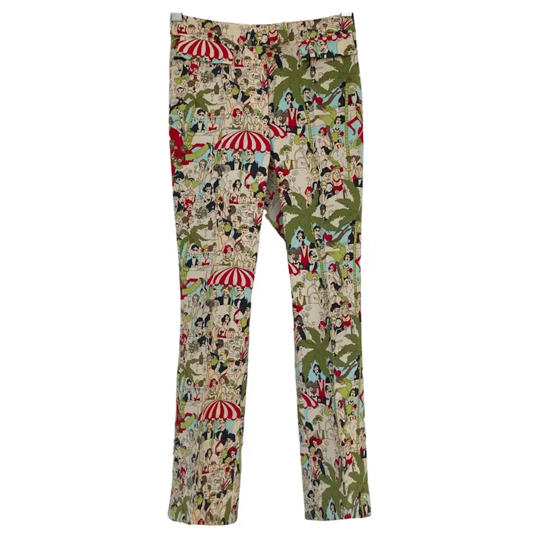 John Galliano Cafe Society print pants, flared leg trousers late 90s.
Vintage John Galliano silk like pants with all over a Cafe Society inspired illustrated print.
Vintage John Galliano graphic printed pants. Iconic Cafe Society print meets