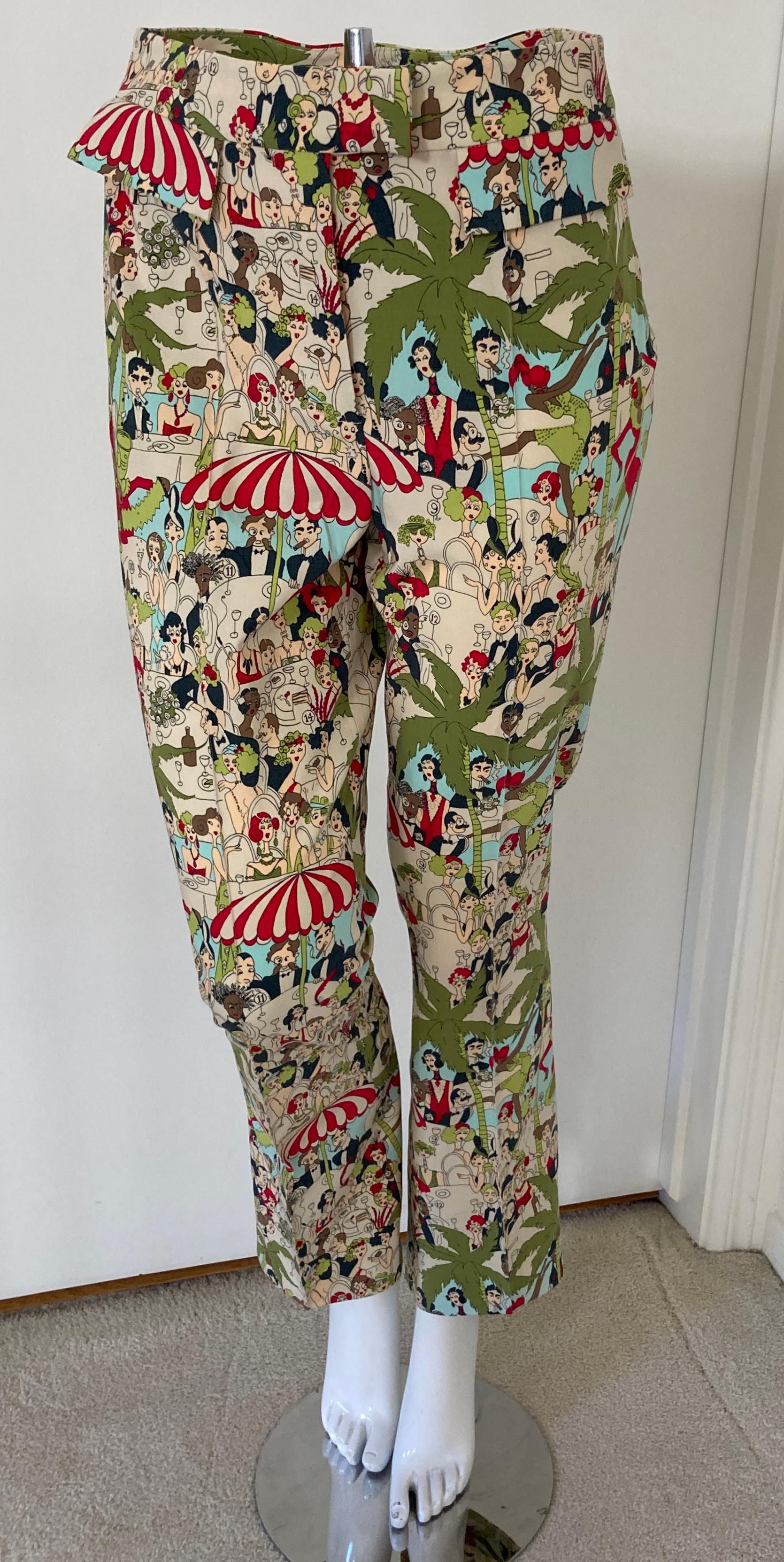 John Galliano Cafe Society print pants, flared leg trousers late 90s.
Vintage John Galliano silk like pants with all over a Cafe Society inspired illustrated print.
Vintage John Galliano graphic printed pants. Iconic Cafe Society print meets